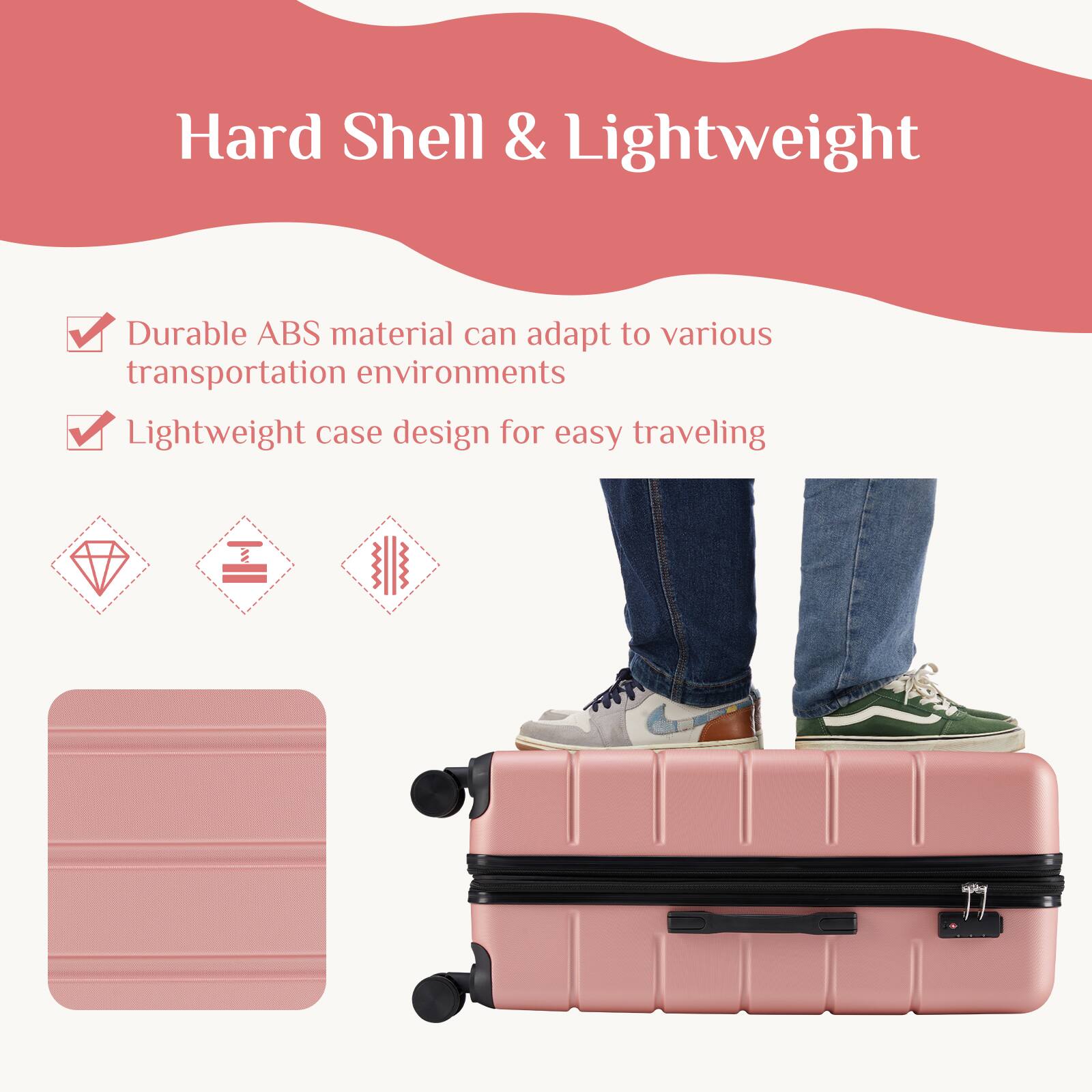 Hard Shell & Lightweight

- Durable ABS material can adapt to various transportation environments
- Lightweight case design for easy traveling