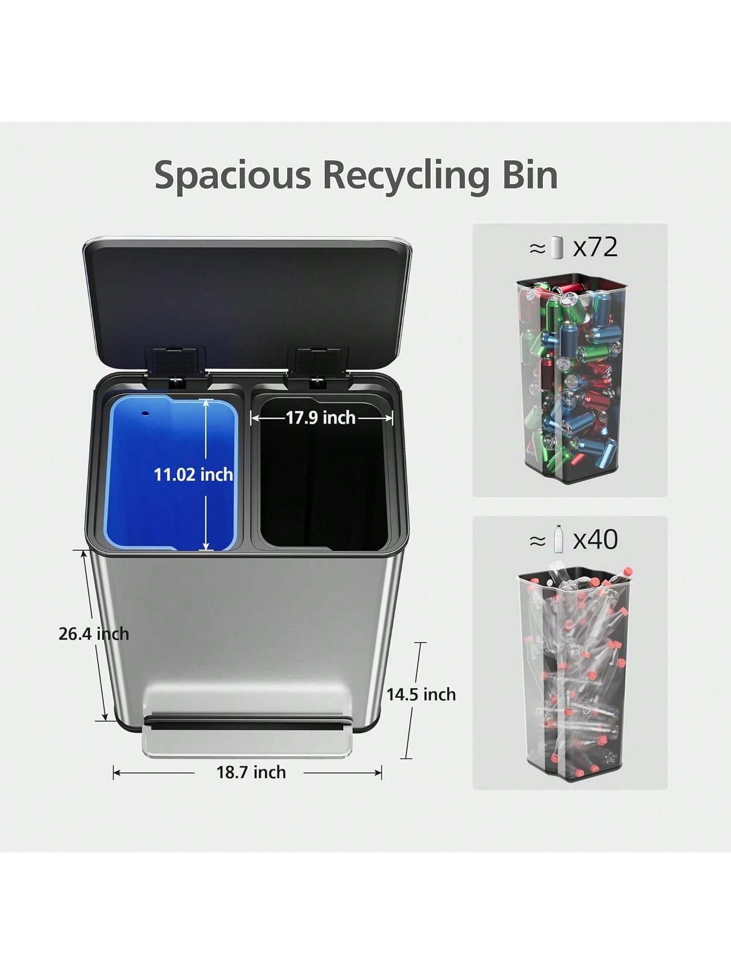 Spacious Recycling Bin  
x72  
17.9 inch  
11.02 inch  
x40  
26.4 inch  
14.5 inch  
18.7 inch