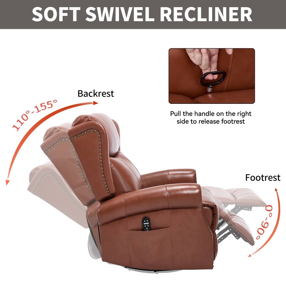SOFT SWIVEL RECLINER

Backrest 110-155°

Pull the handle on the right side to release footrest

Footrest 0-90°