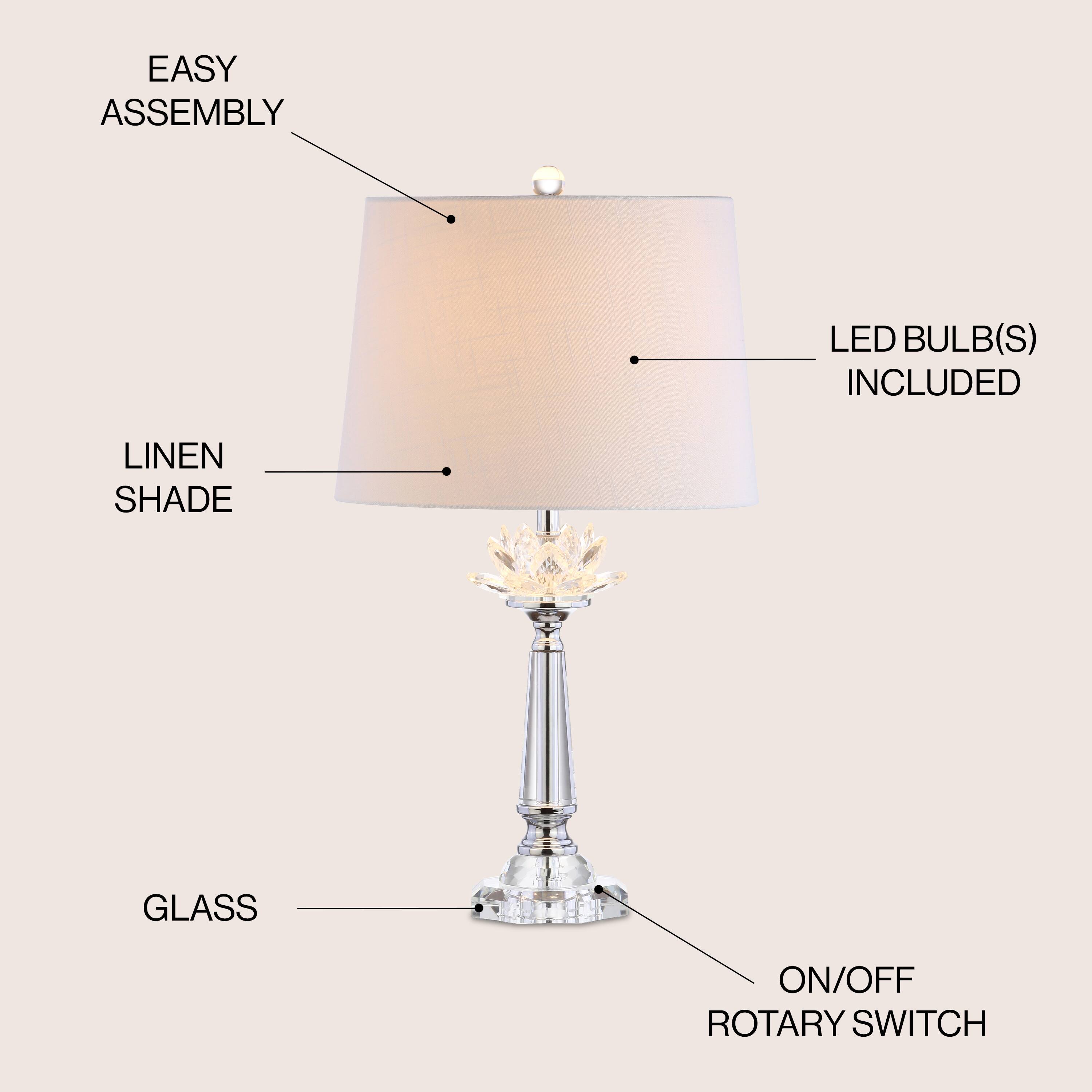 EASY ASSEMBLY  
LED BULB(S) INCLUDED  
LINEN SHADE  
GLASS  
ON/OFF ROTARY SWITCH