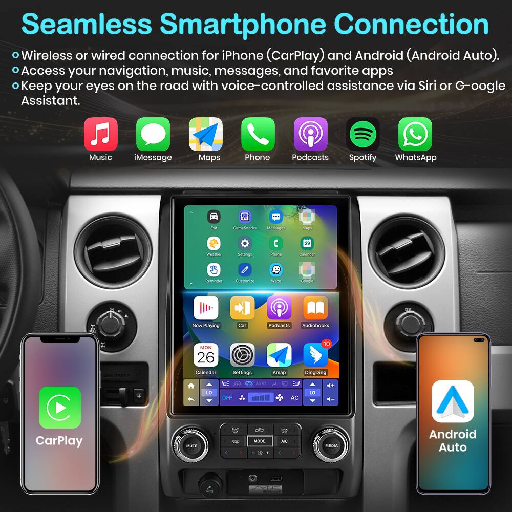 Seamless Smartphone Connection

- Wireless or wired connection for iPhone (CarPlay) and Android (Android Auto).
- Access your navigation, music, messages, and favorite apps.
- Keep your eyes on the road with voice-controlled assistance via Siri or Google Assistant.

Music  
iMessage  
Maps  
Phone  
Podcasts  
Spotify  
WhatsApp  
GameShacks  
Messages  
Weather  
Settings  
Calendar  
Customize  
Google  
Now Playing  
Car Podcasts  
Audiobooks  
Amap  
DingDing  
CarPlay  
Android Auto