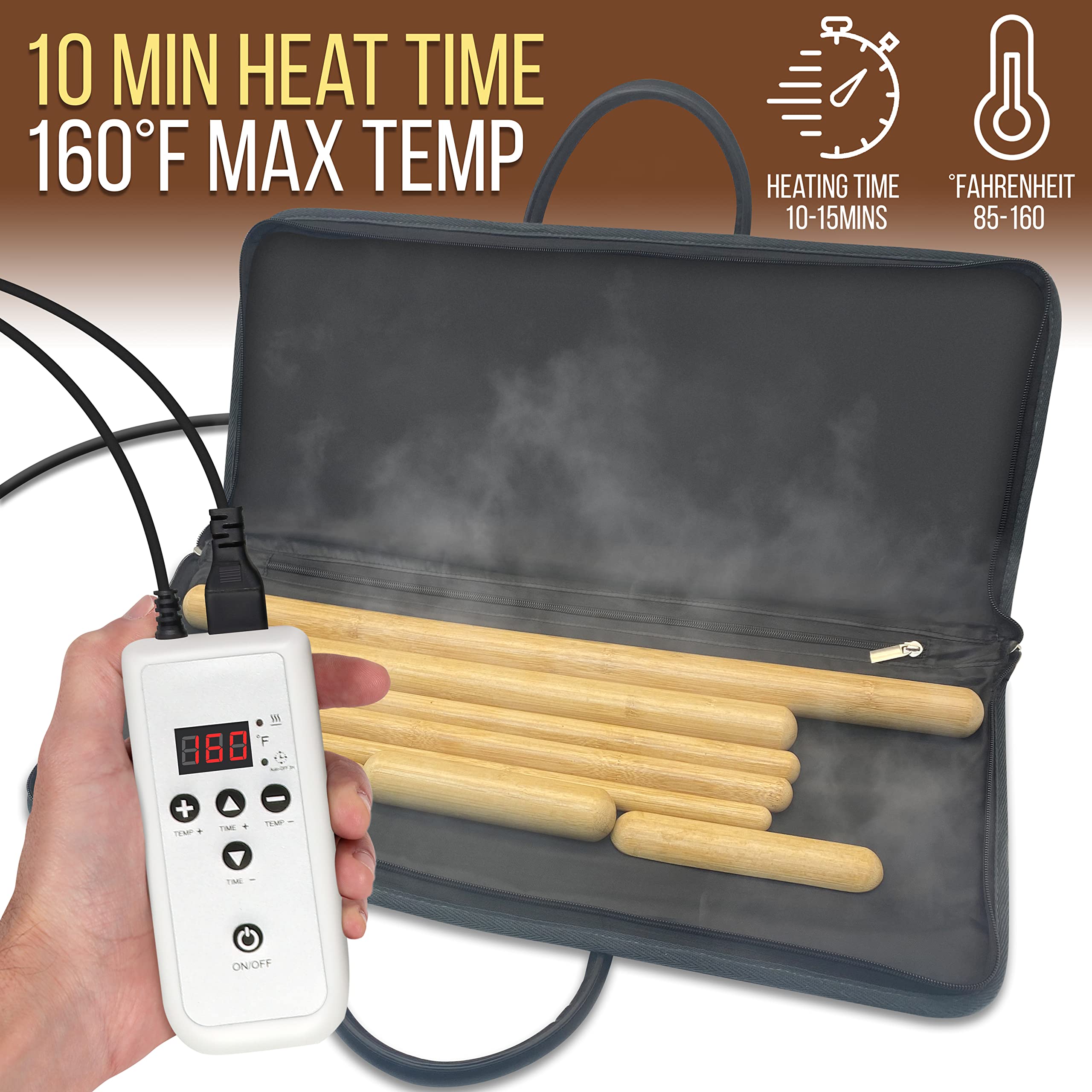 10 MIN HEAT TIME  
160°F MAX TEMP  

HEATING TIME  
10-15MINS  

FAHRENHEIT  
85-160  

TEMP +  
TIME +  
TEMP -  
TIME -  

ON/OFF