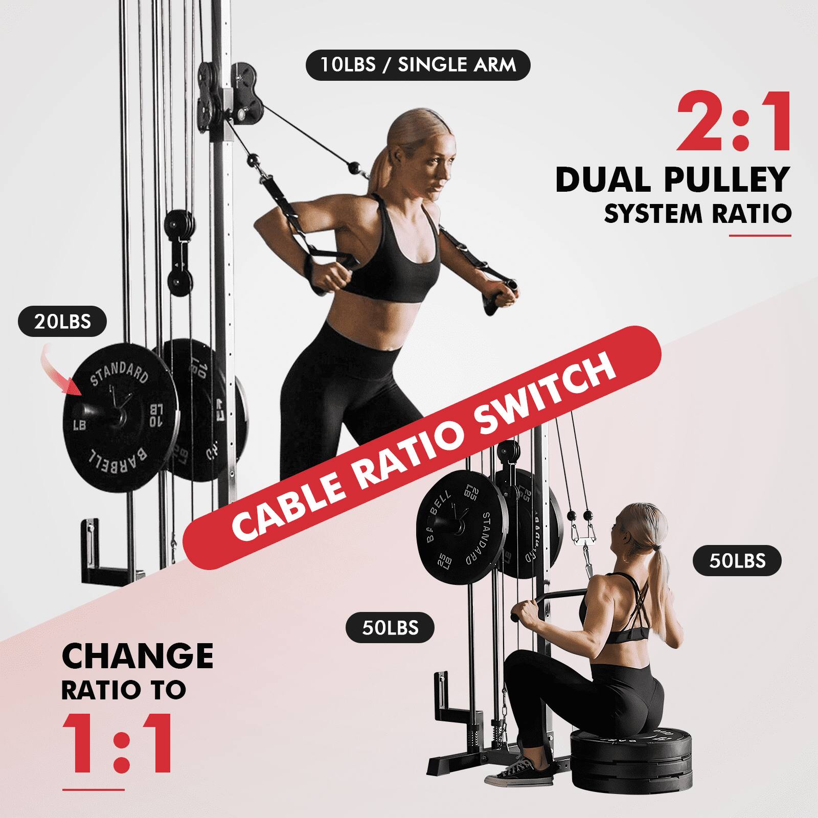 10LBS / SINGLE ARM
2:1 DUAL PULLEY SYSTEM RATIO
20LBS STANDARD
10LBS
SWITCH
50LBS
CHANGE RATIO TO 1:1
50LBS