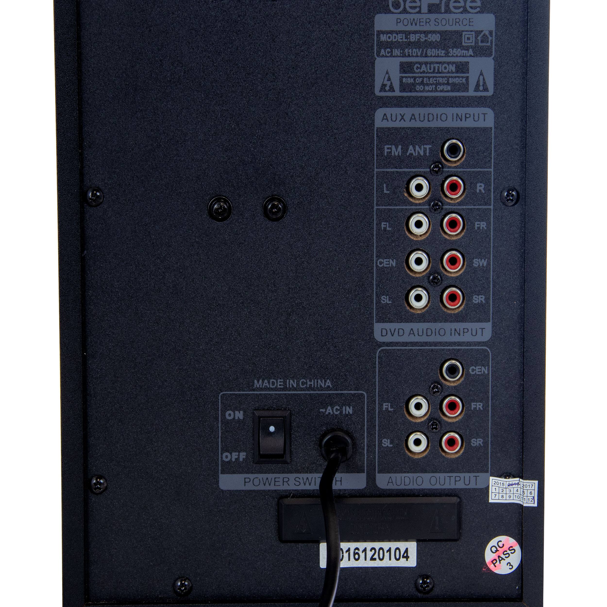 POWER SOURCE MODEL: BFS-500 AC IN: 110V 60Hz 350mA CAUTION RISK OF ELECTRIC SHOCK DO NOT OPEN AUX AUDIO INPUT FM ANT L R FL FR CEN SW SL SR DVD AUDIO INPUT MADE IN CHINA CEN FL FR OFF SL SR POWER SWITCH AUDIO OUTPUT 2017 00DAJO 1 1 4 1 1 3 . 16120104 QC PASS 3