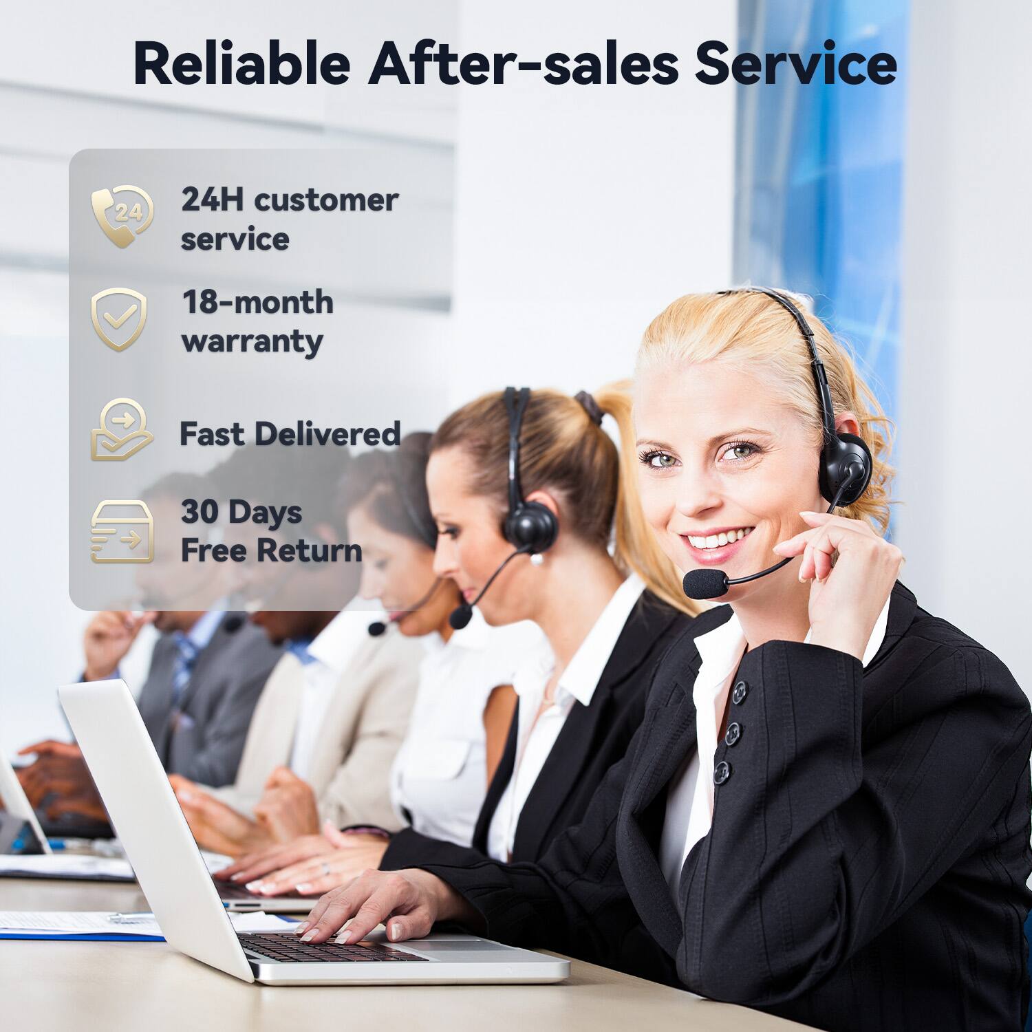 Reliable After-sales Service

- 24H customer service
- 18-month warranty
- Fast Delivered
- 30 Days Free Return