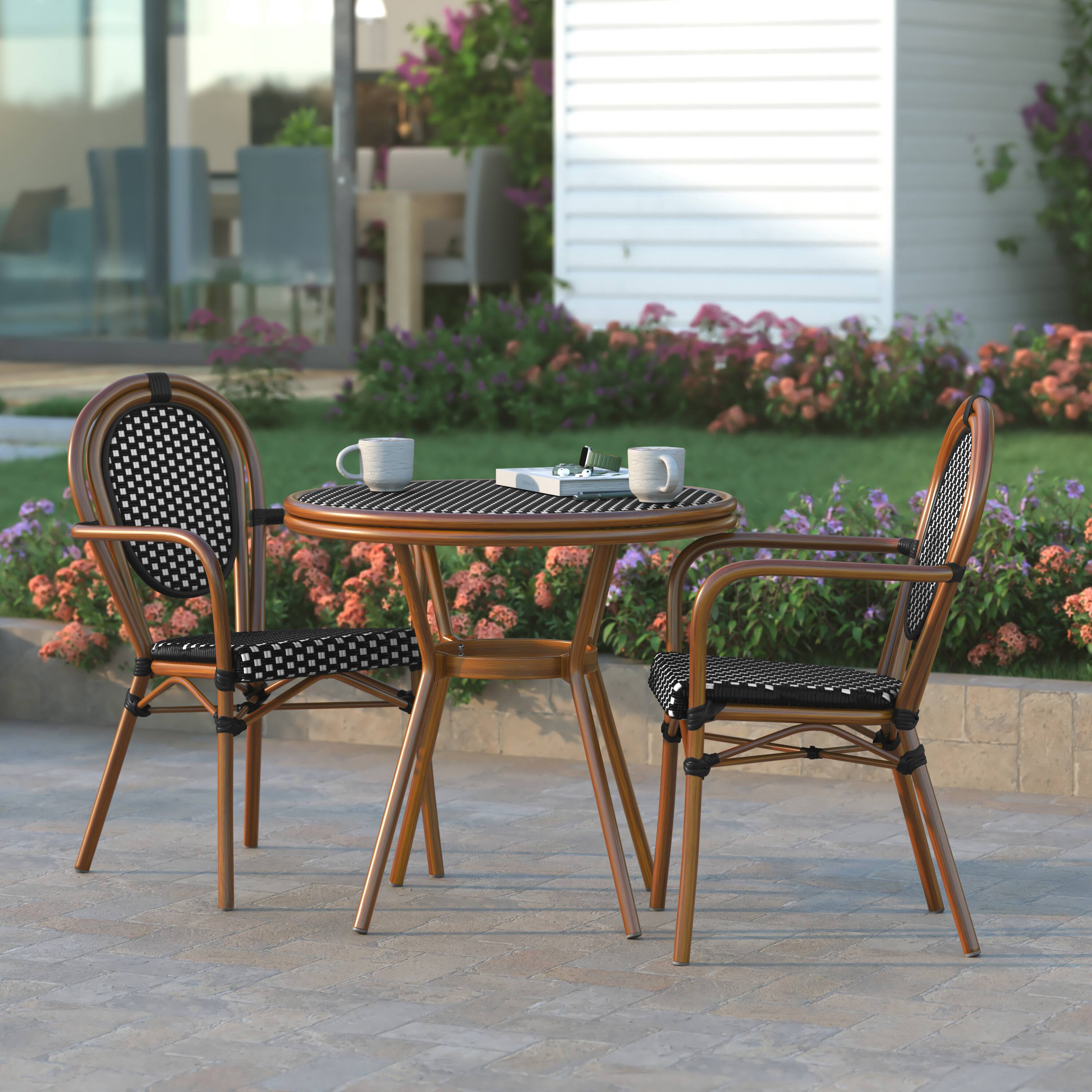 Alt View 3. Emma + Oliver - Colmar Indoor/Outdoor Bistro Style 31.5 in. Table with PE Rattan, Glass Top, and Two Chairs - Metal Frame - Black & White Rattan/Natural Frame.