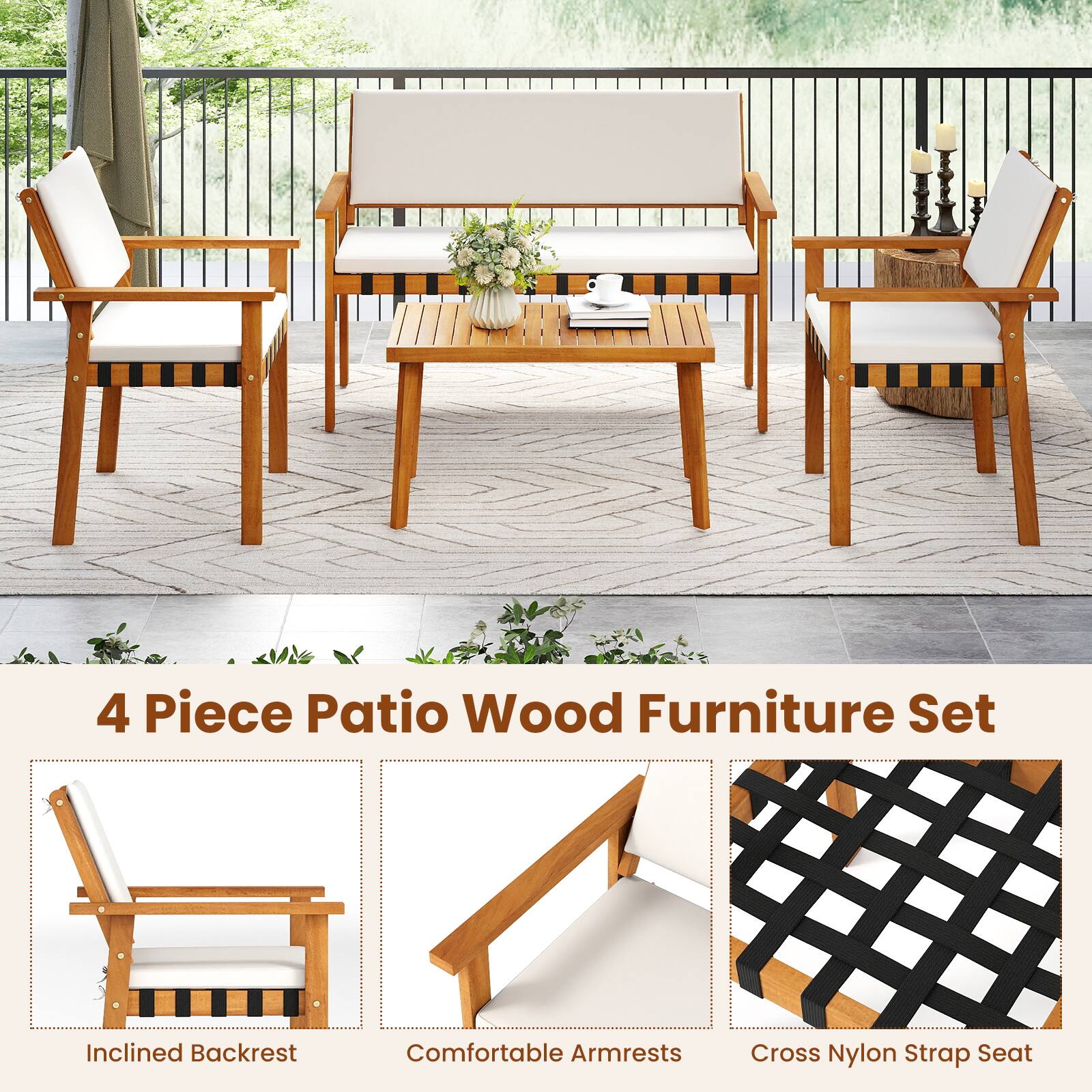 4 Piece Patio Wood Furniture Set

- Inclined Backrest
- Comfortable Armrests
- Cross Nylon Strap Seat
