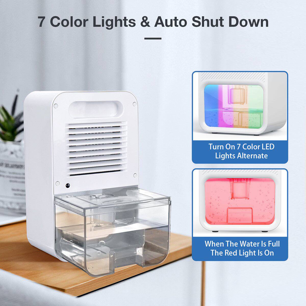 7 Color Lights & Auto Shut Down

- Turn On 7 Color LED Lights Alternate
- When The Water Is Full The Red Light Is On