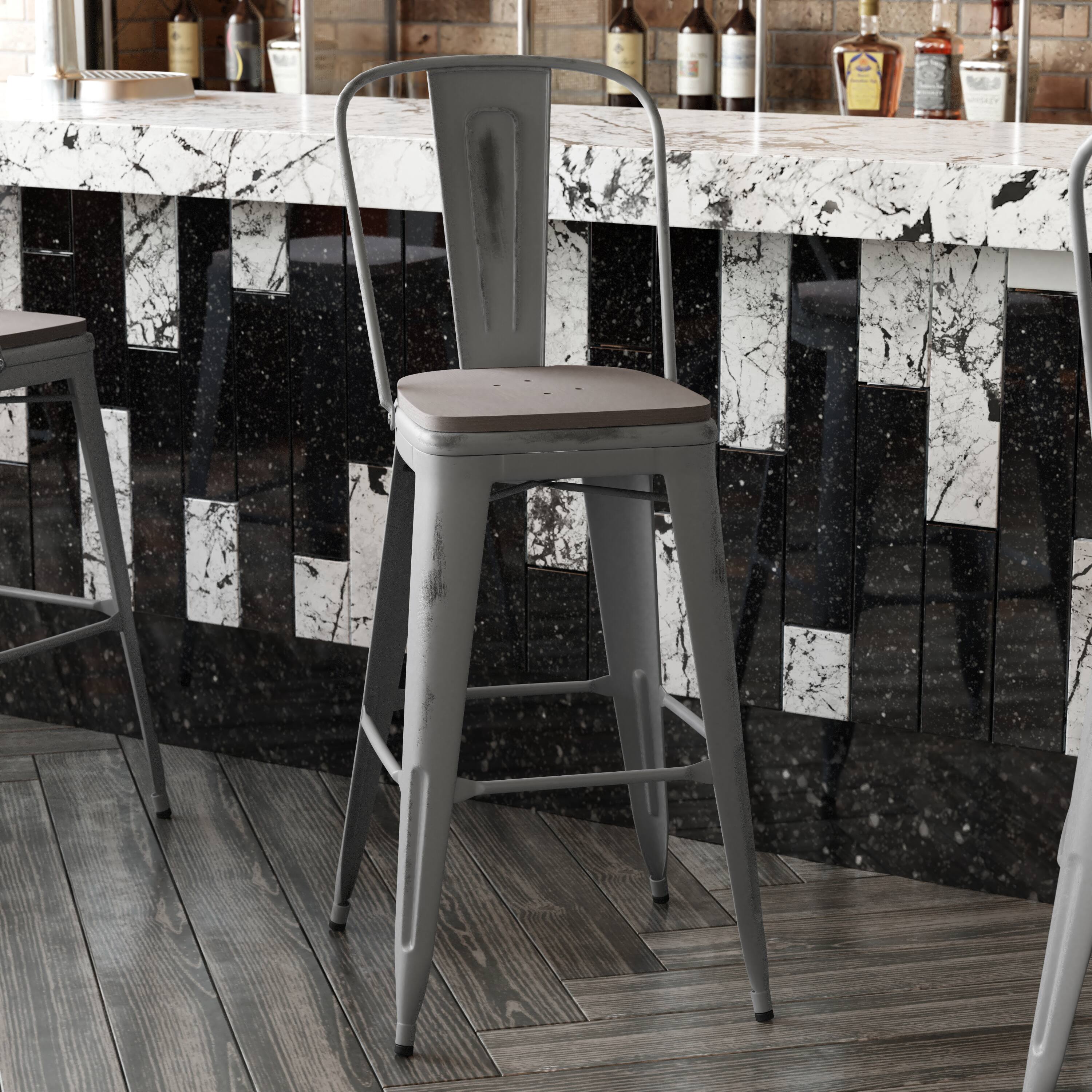 Alt View 4. Emma + Oliver - Grant Clear Coated Metal Stool with Backrest and Polyresin Seat for Indoor Use Only - Gray Seat/Clear Coated Frame.