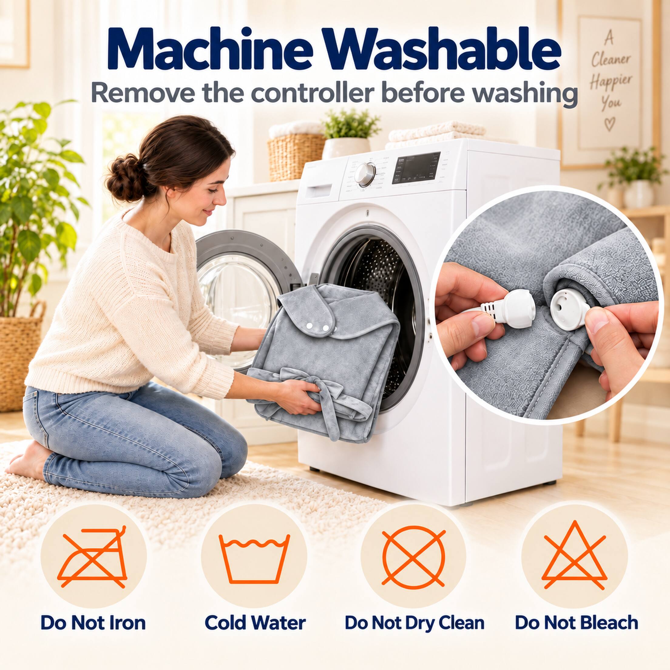Machine Washable  
Remove the controller before washing  

Do Not Iron  
Cold Water  
Do Not Dry Clean  
Do Not Bleach