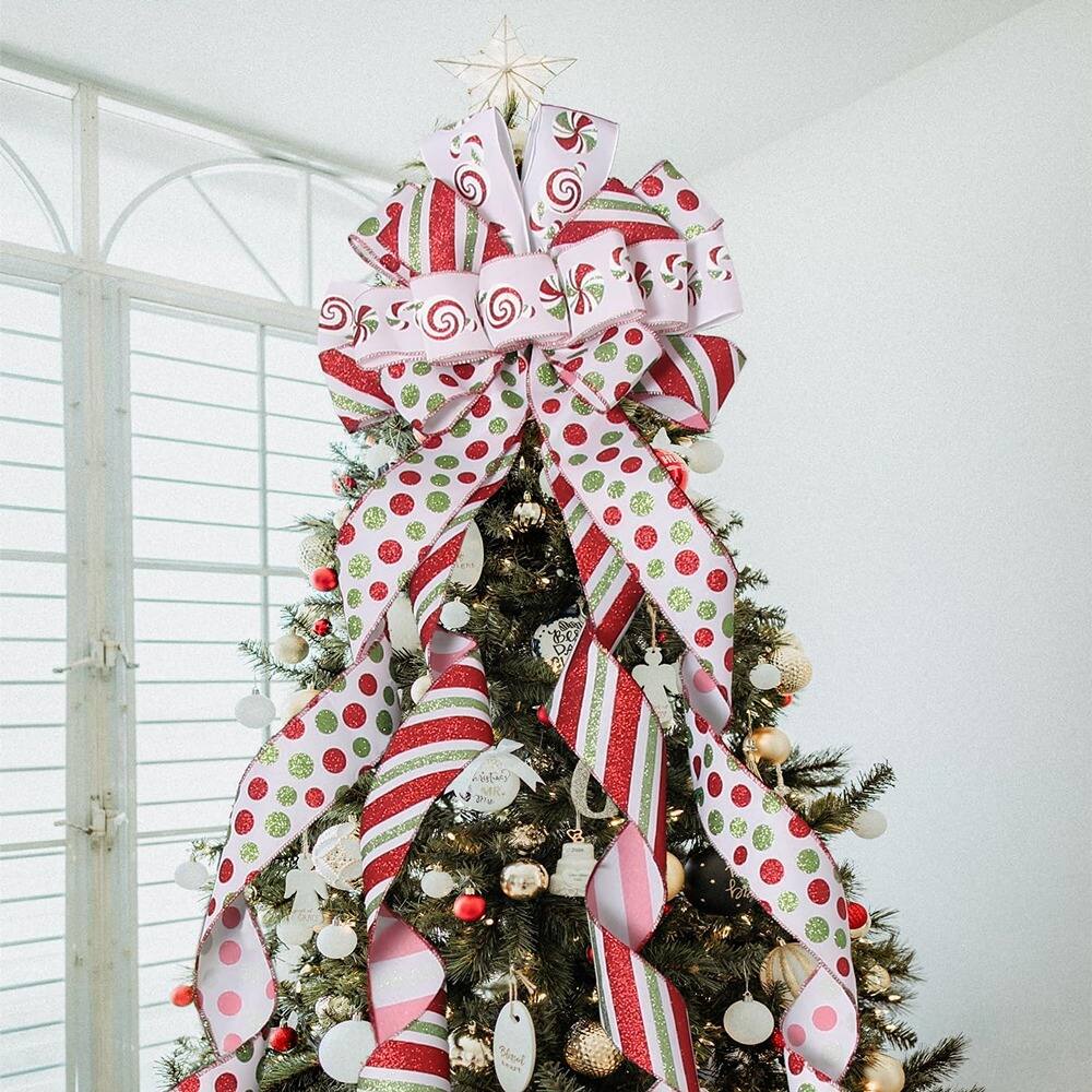 Left. PARKER SLATER - Christmas Tree Topper Bow – Large Green Wreath Bow, Red & Green Stripes, 52"x13", Xmas Decor - Multicolor.