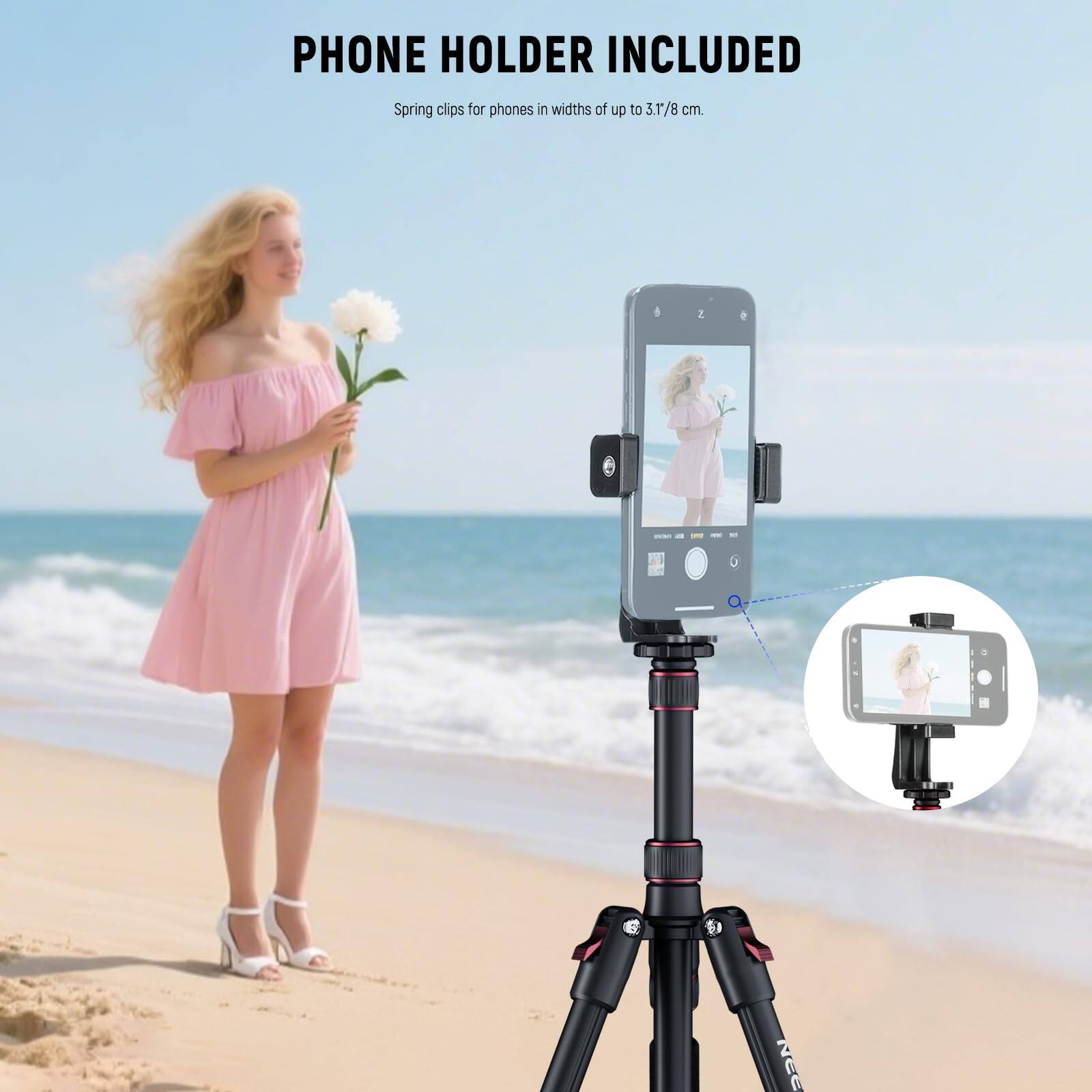 PHONE HOLDER INCLUDED  
Spring clips for phones in widths of up to 3.1/8 cm.