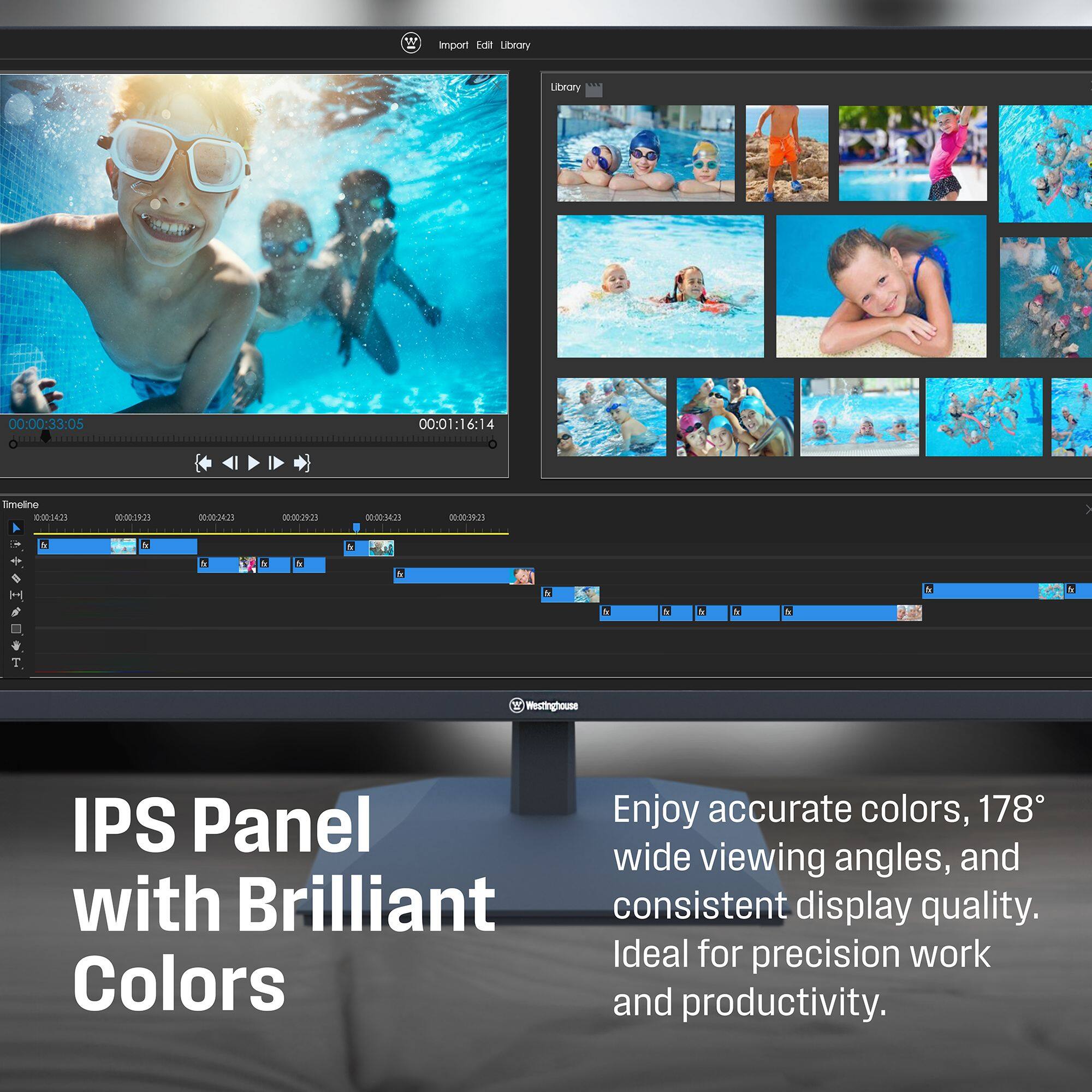 import Edr Library Library 00:00:33:05 CUITE 00:01:16:14 Timelino 001423 00:002823 EKc0m 002921 0000.14:23 0000.29.21 Enjoy accurate colors, 178 IPS Panel wide viewing angles, and consistent display quality. Ideal for precision work and productivity.