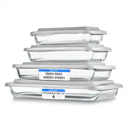 SereneLife - 8-Piece Glass Baking Dish with Lids Set - (4 Heavy Duty Rectangular Glass Baking Pan with 4 BPA-Free Lids)