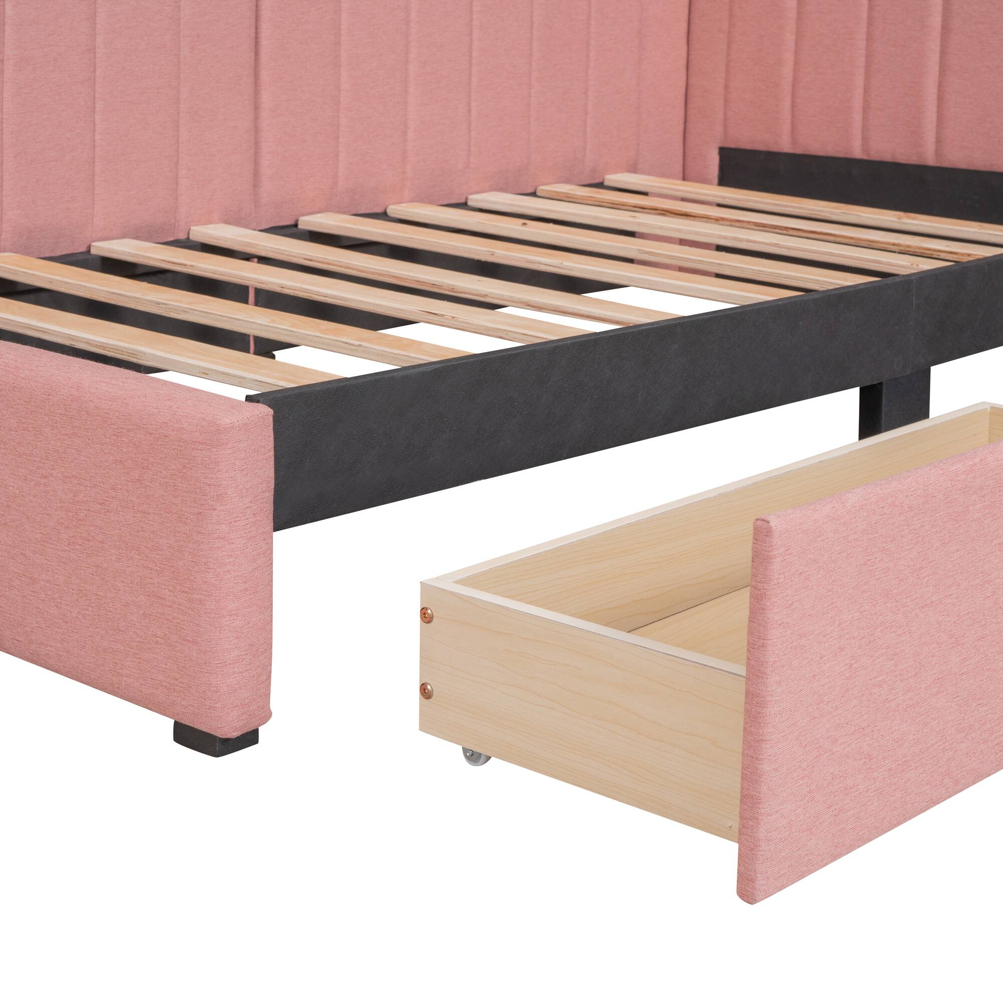 Alt View 5. Tiramisubest - Upholstered Daybed with 2 Storage Drawers Twin Size Sofa Bed Frame No Box Spring Needed, Linen Fabric (Pink) - Pink.