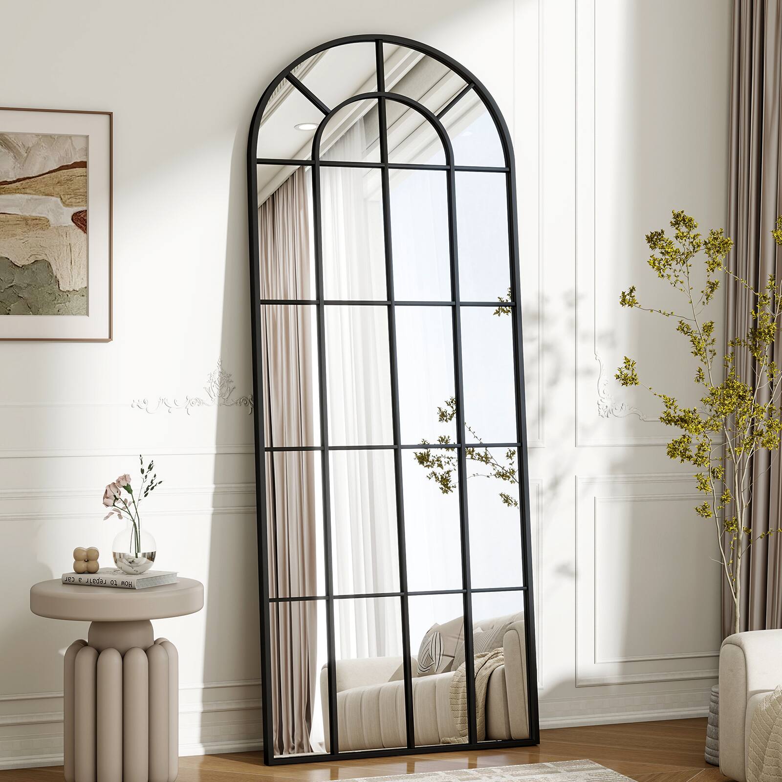 Front. Easly - Unique Black 24 in. W x 65 in. H Grid Arched Aluminum Alloy Frame Full Length Floor Mirror - Black.