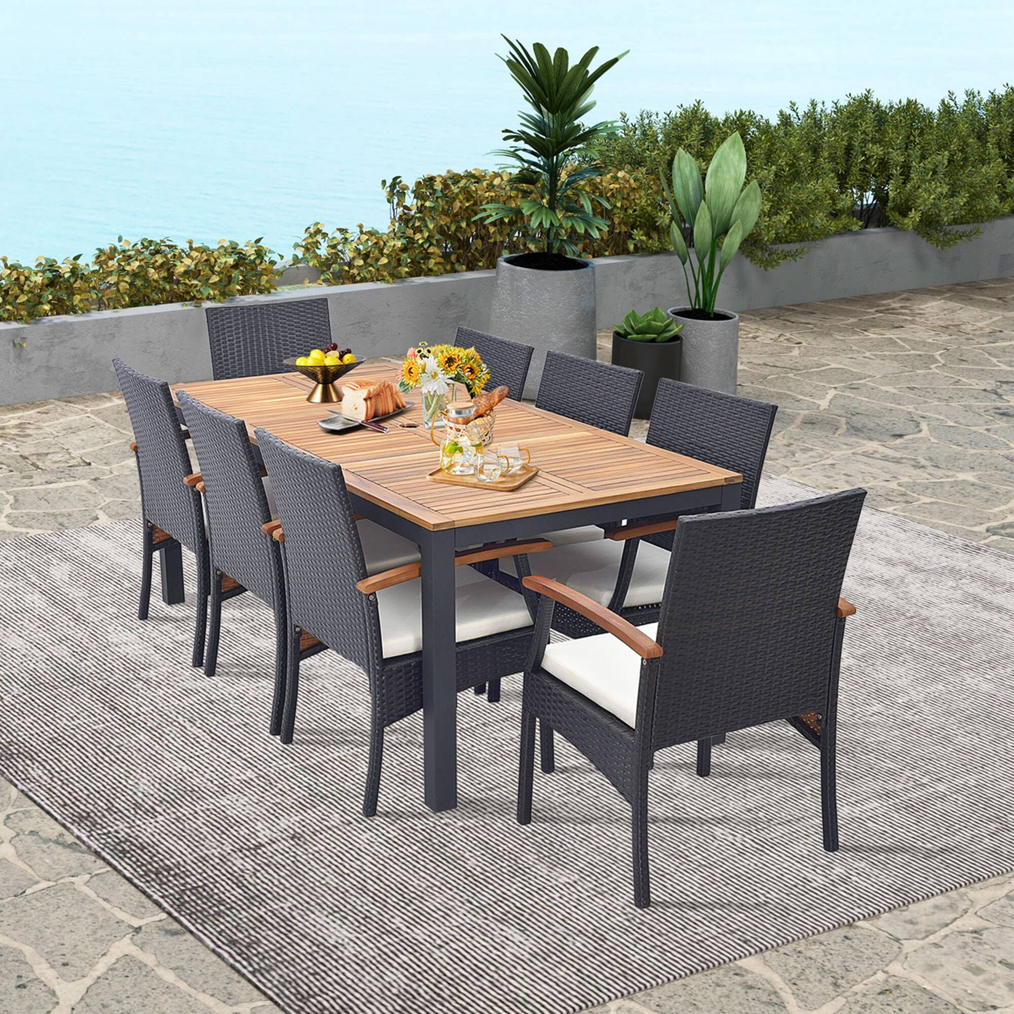 Back. Costway - 9 PCS Patio Rattan Dining Set with Acacia Wood Table, Cushions, 1.9" Umbrella Hole - Mix Brown + Off White.