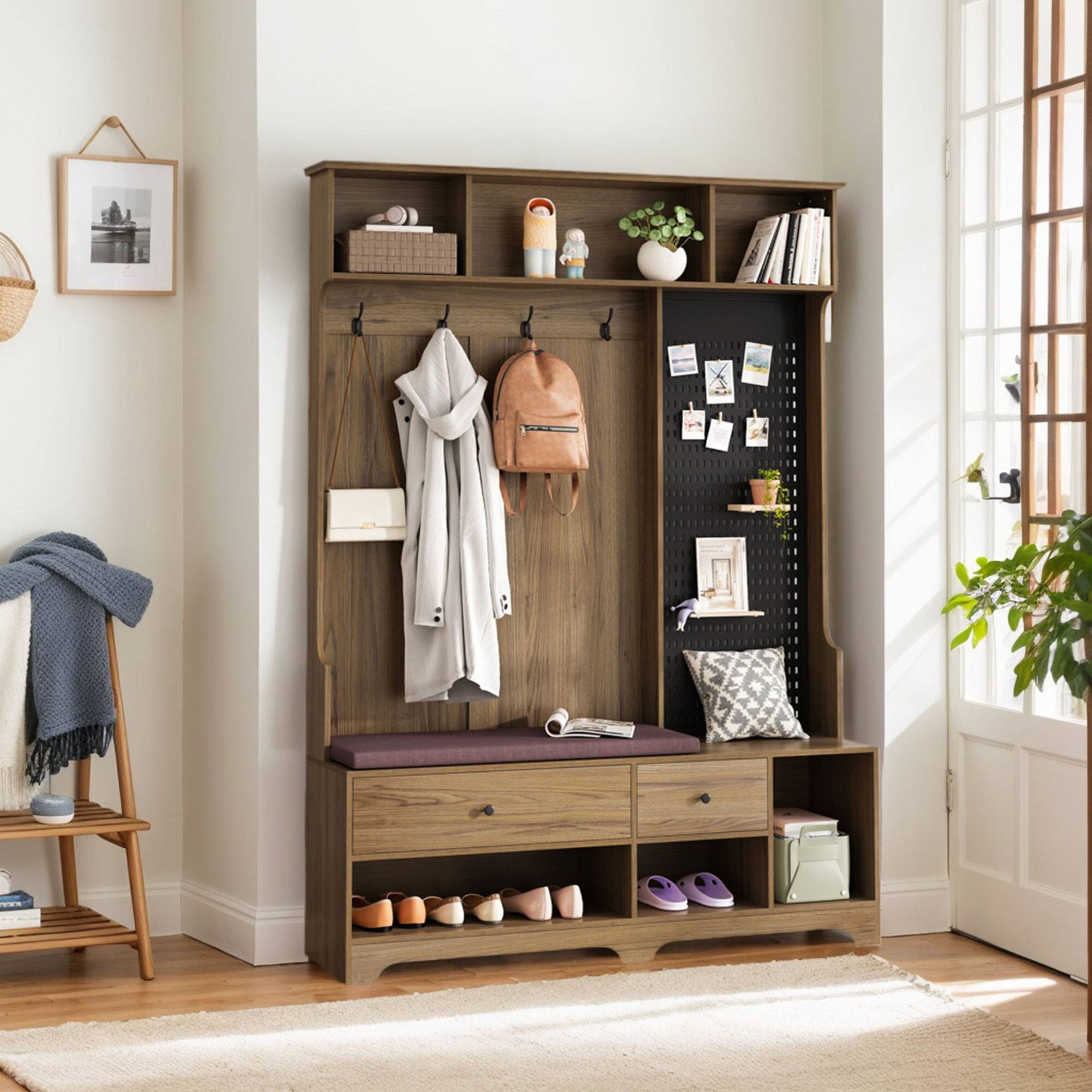 Left. GOODSILO - Multifunctional Entryway Storage Bench with Coat Rack, Shelves, and Customizable Pegboard for Organized Home Entry - Brown.