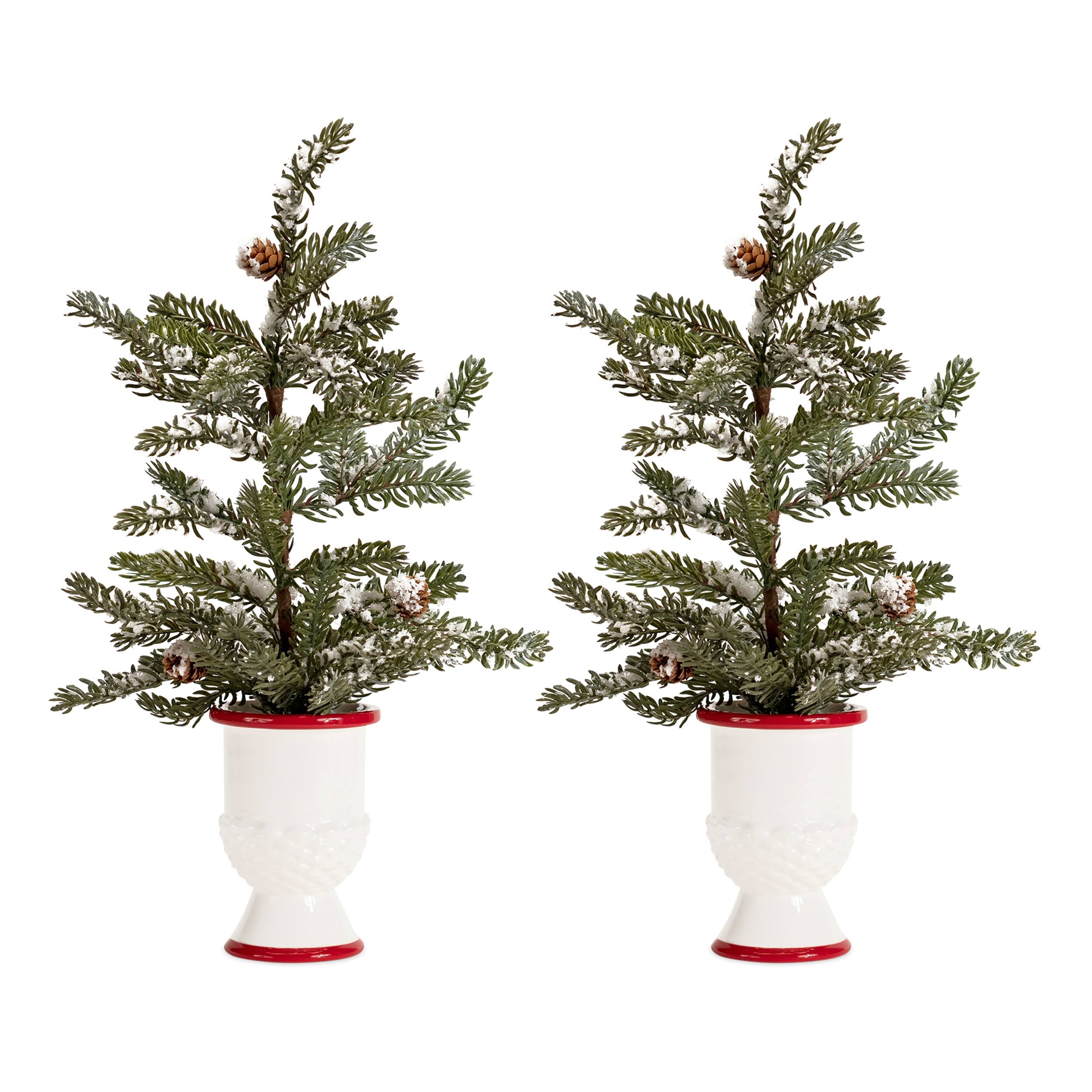 Angle. BreeBe - Mini Pine Tree with Ceramic Pot (Set of 2) - Green, Red, White.