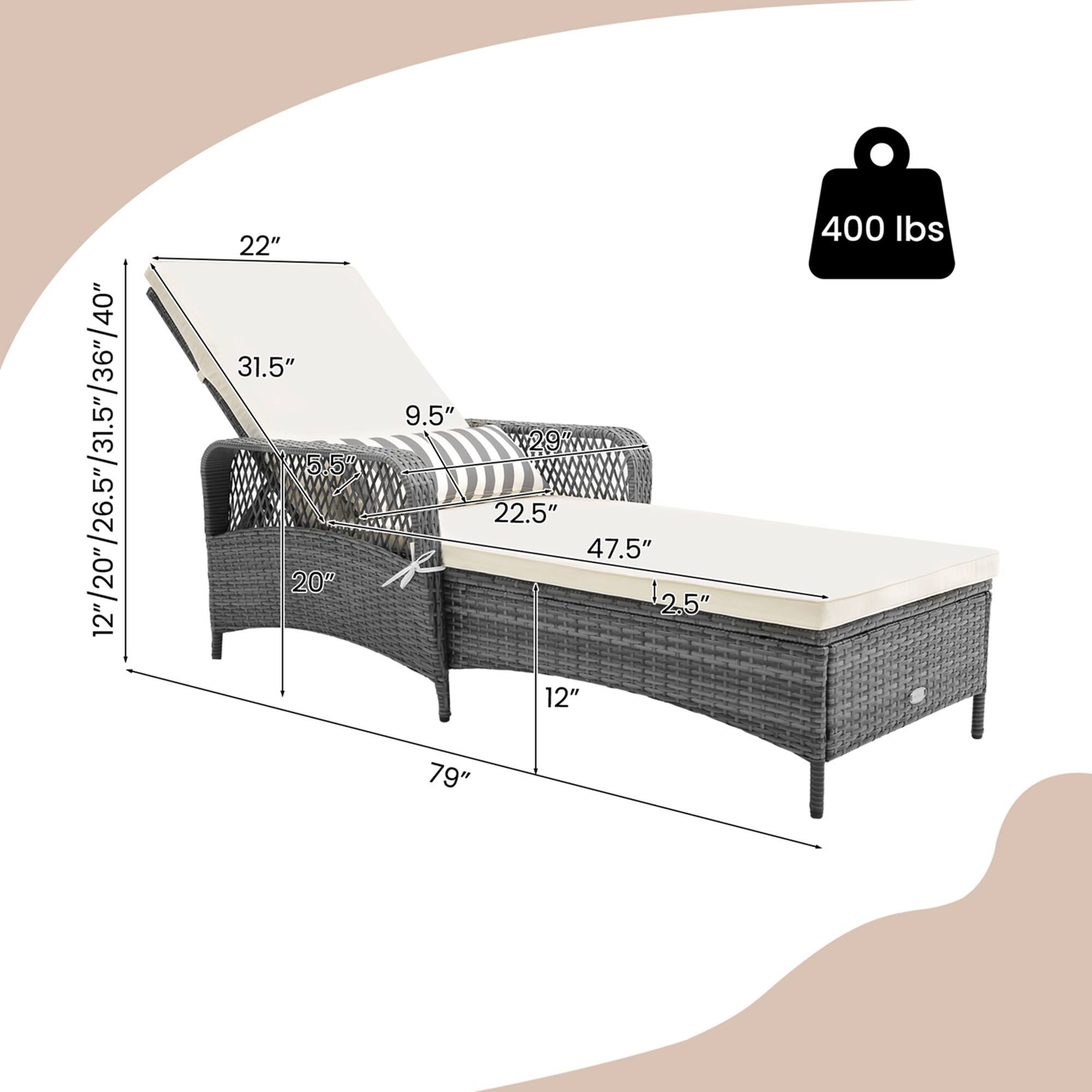 12"/20"/26.5"/31.5"/36"/40", 22", 31.5", 5.5", 20", 9.5", 22.5", 47.5", 2.5", 12", 79", 400 lbs