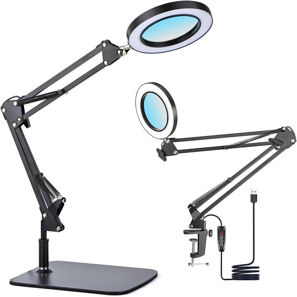 PARKER SLATER - 15X Magnifying Glass Lamp with Clamp & Stand, 72-LED Desk Lamp with 3 Color Temperatures & 10 Brightness Levels for Diam - Black/White