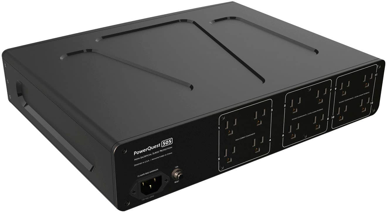 The text on the image reads: "PowerQuest SURGE PROTECTION - CENH NON-SACRIFICIAL NON- INACTUALD 3 USA DESIGNED 15 AMPS 120 VOLTS."