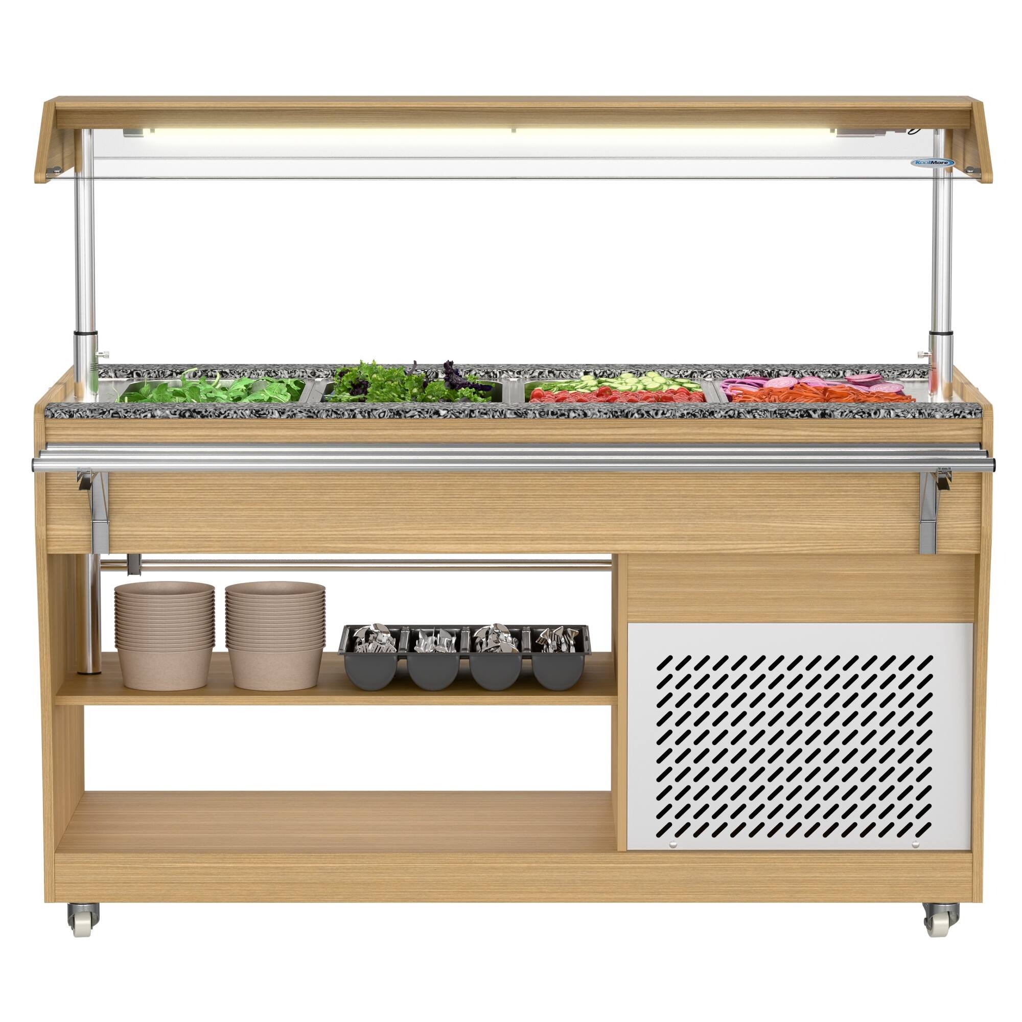Front. Koolmore - 59 in. Refrigerated Buffet Table with Capacity for 4 Full-Size GN Pans, Featuring Serving Rail and 4 Lockable Casters - Walnut.
