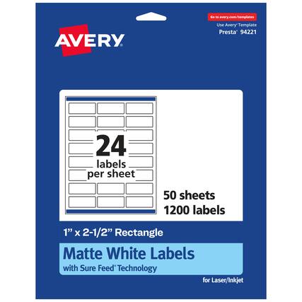 Go to avery.com/templates
AVERY
Use Avery™ Template Presta® 94221
24 labels per sheet
50 sheets 1200 labels
1" x 2-1/2" Rectangle Matte White Labels with Sure Feed® Technology for Laser/Inkjet