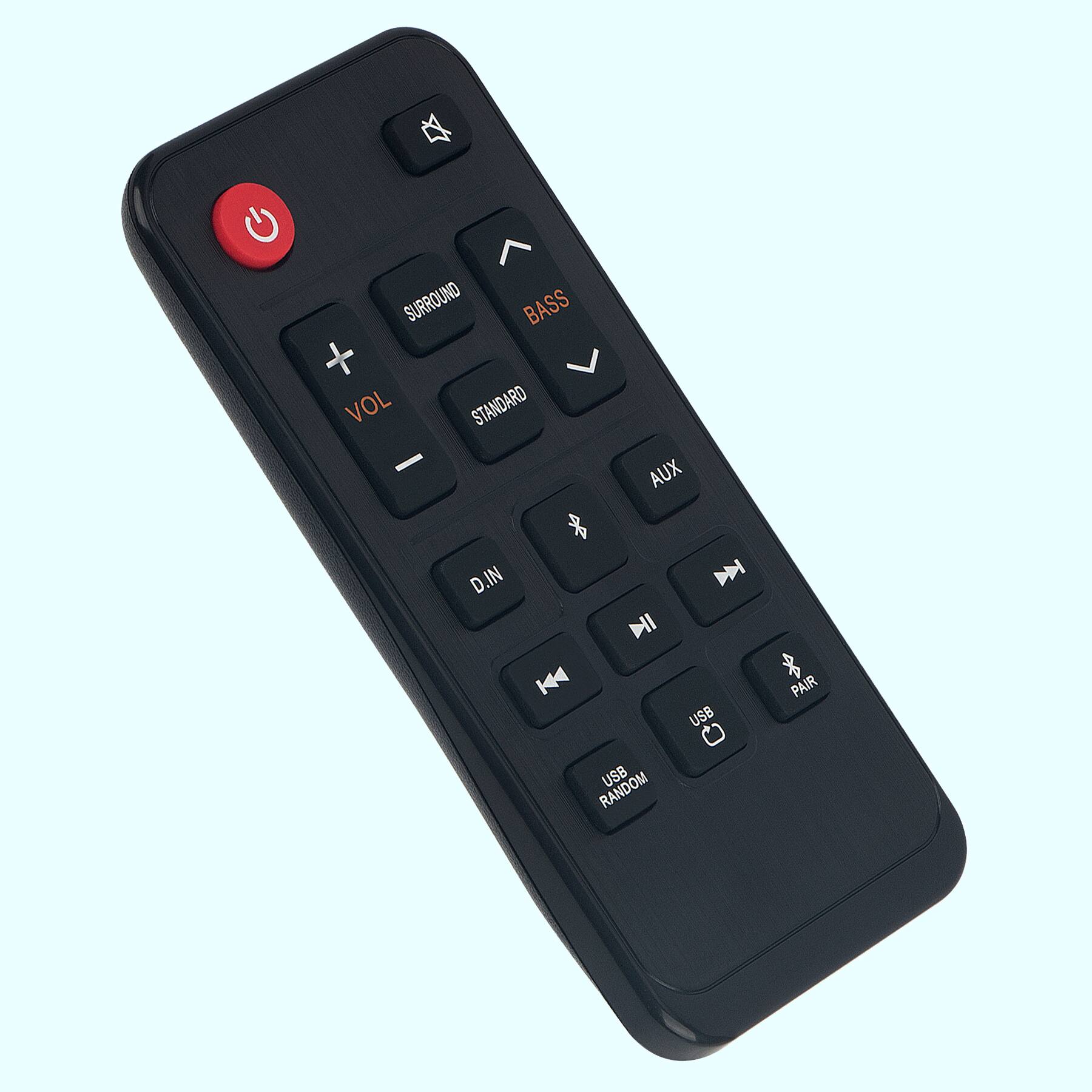 Sure, here is the corrected and grouped text from the image:

- Power
- Surround
- Bass
- Standard
- AUX
- D.IN
- USB
- PAIR
- USB RANDOM
- VOL (with up and down arrows)
- Play/Pause
- Previous
- Next
- Shuffle