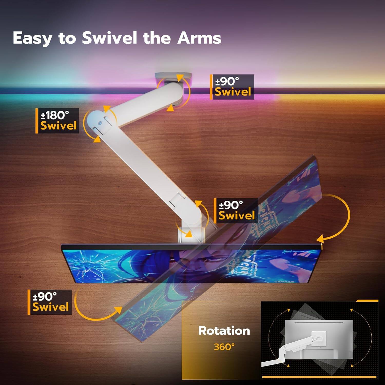 Easy to Swivel the Arms

- 90° Swivel
- 180° Swivel
- 90° Swivel
- 90° Swivel Rotation
- 360° Rotation