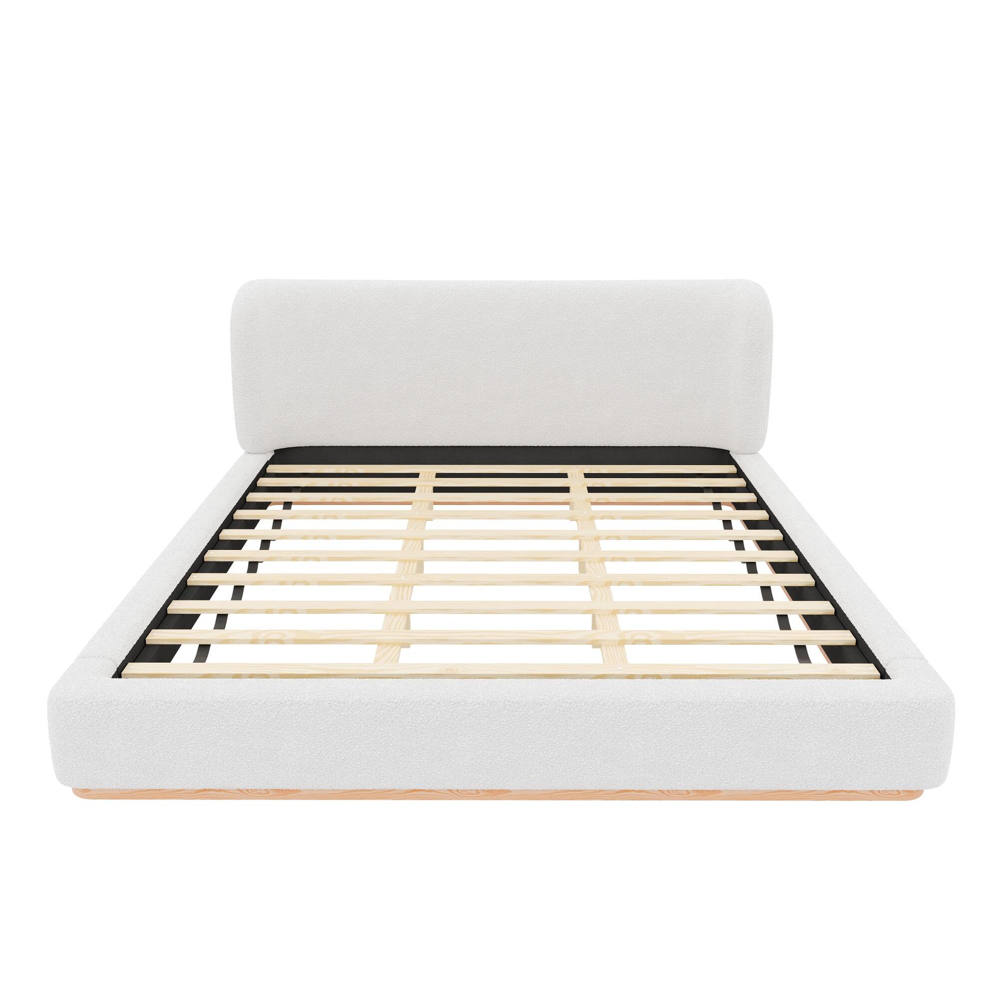 Back. Whisen - King Size Low-Profile Upholstered Platform Bed, Boucle Fabric Modern Bed Frame with Curved Headboard - White.