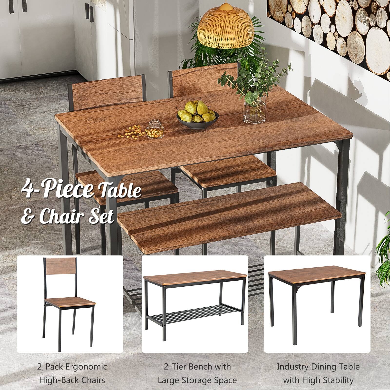 4-Piece Table & Chair Set 2-Pack Ergonomic High-Back Chairs 2-Tier Bench with Large Storage Space Industry Dining Table with High Stability