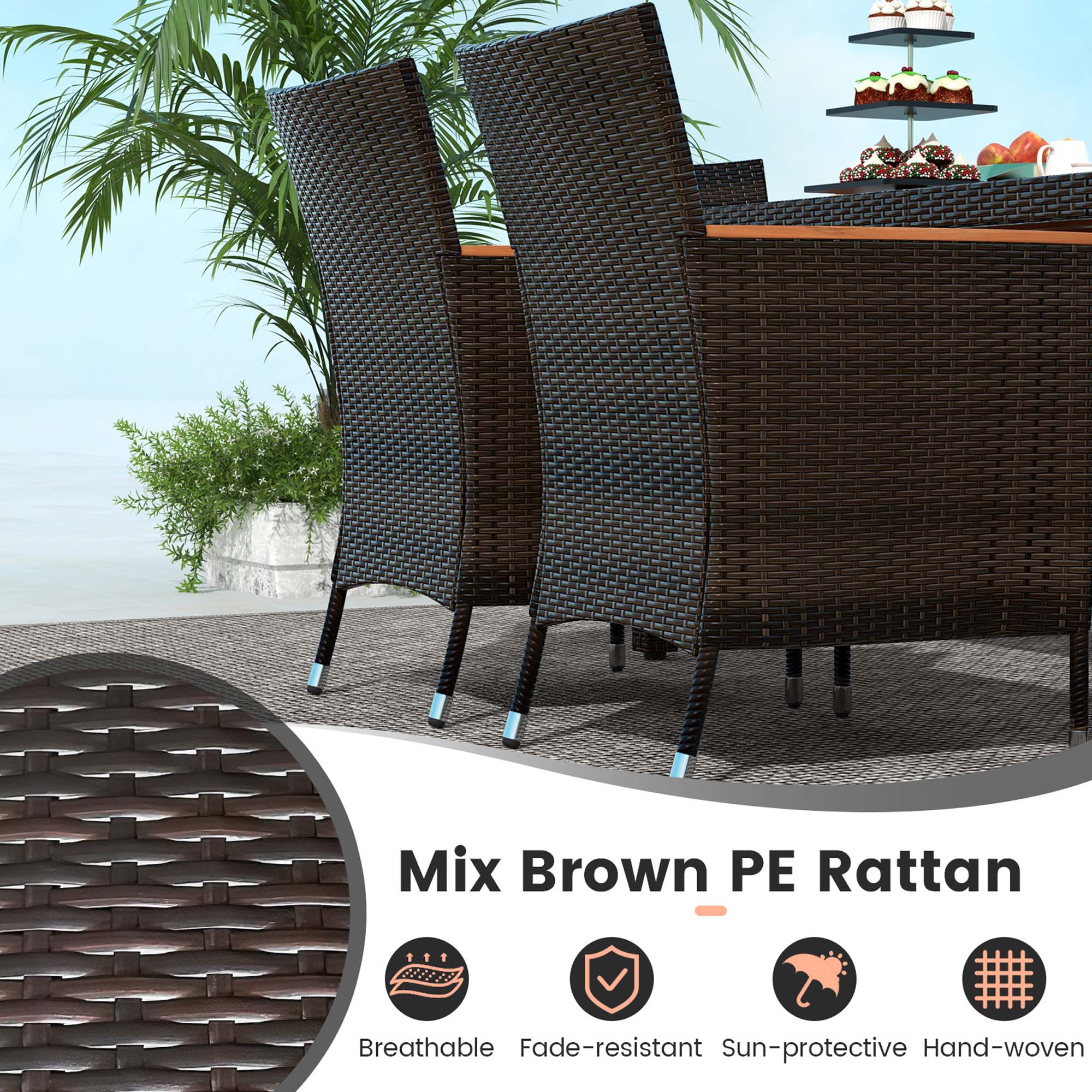 Mix Brown PE Rattan is a breathable, fade-resistant, sun-protective, and hand-woven outdoor furniture.