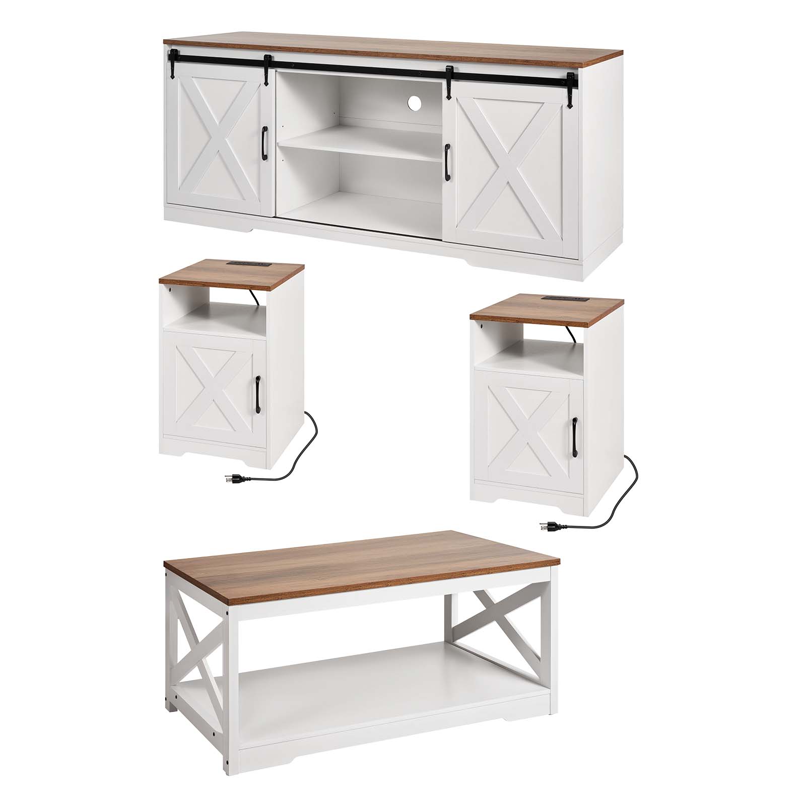 Alt View 5. VEVOR - 4 Pieces Farmhouse Coffee Table Sets, 40 in Coffee Table with 2 End Tables and 66 in TV Stand - White,Brown.