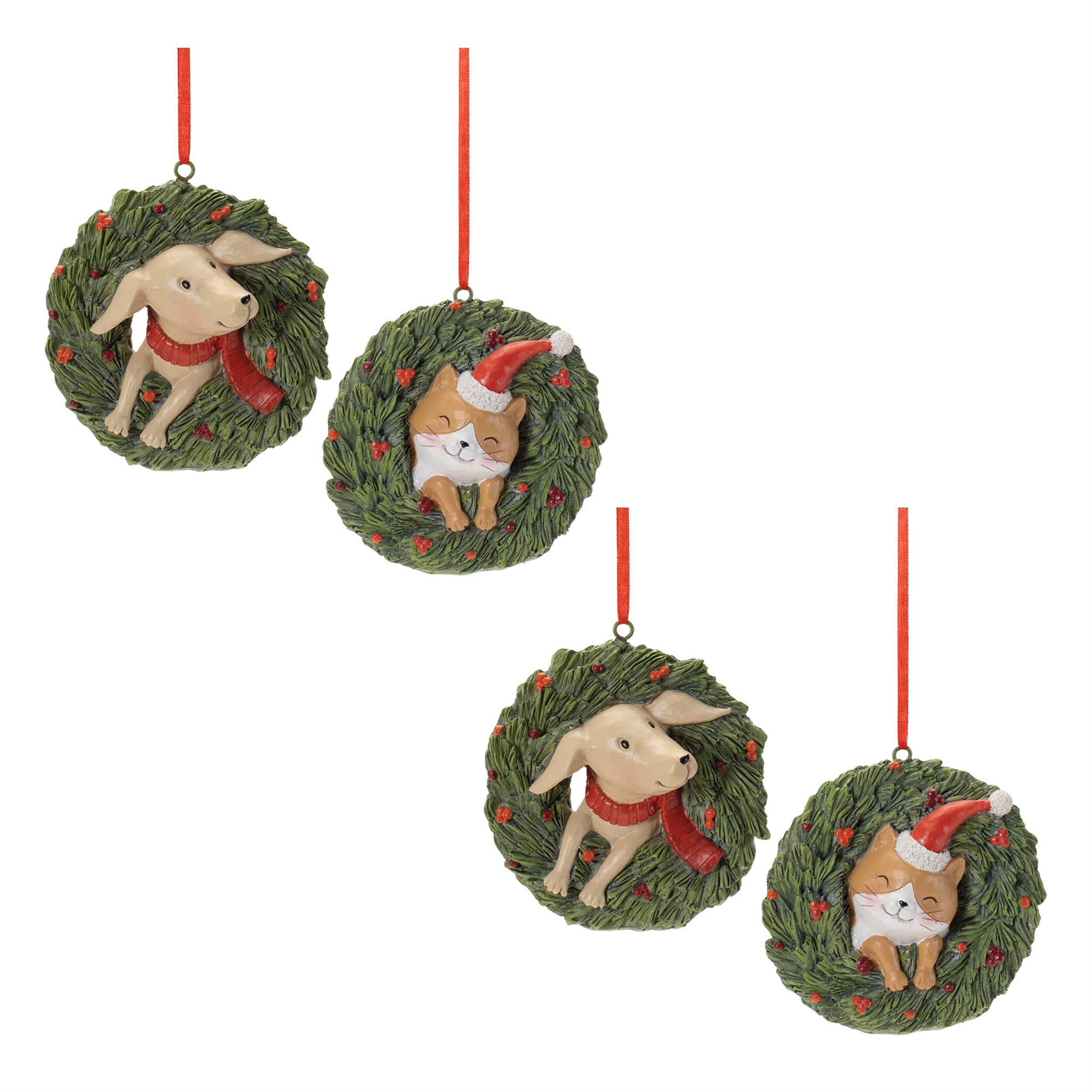 Alt View 2. BreeBe - Playful Cat and Dog in Pine Wreath Ornament (Set of 4) - Green, Beige.