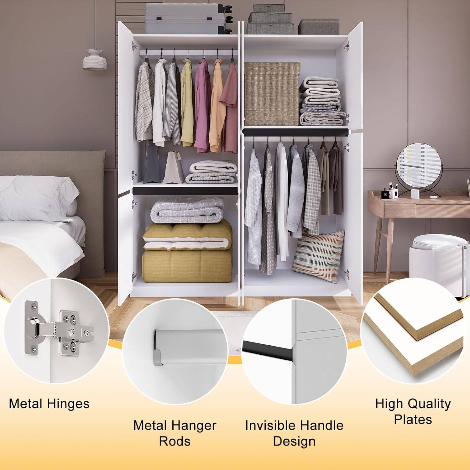 Metal Hinges, Metal Hanger Rods, Invisible Handle Design, High Quality Plates