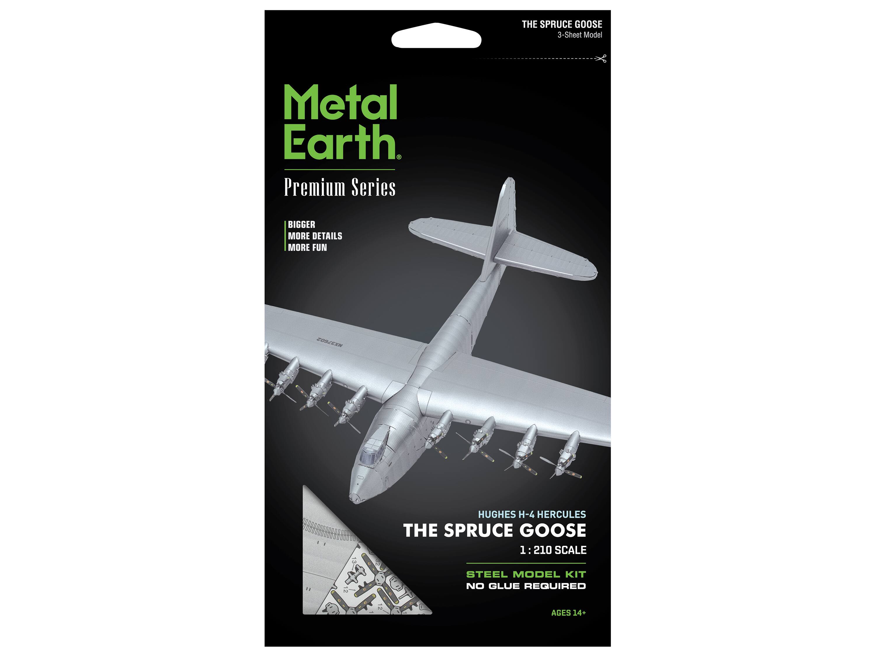 THE SPRUCE GOOSE 3-Sheet Model Metal Earth. Premium Series BIGGER MORE DETAILS MORE FUN HUGHES H-4 HERCULES THE SPRUCE GOOSE 1 : 210 SCALE STEEL MODEL KIT NO GLUE REQUIRED AGES 14+