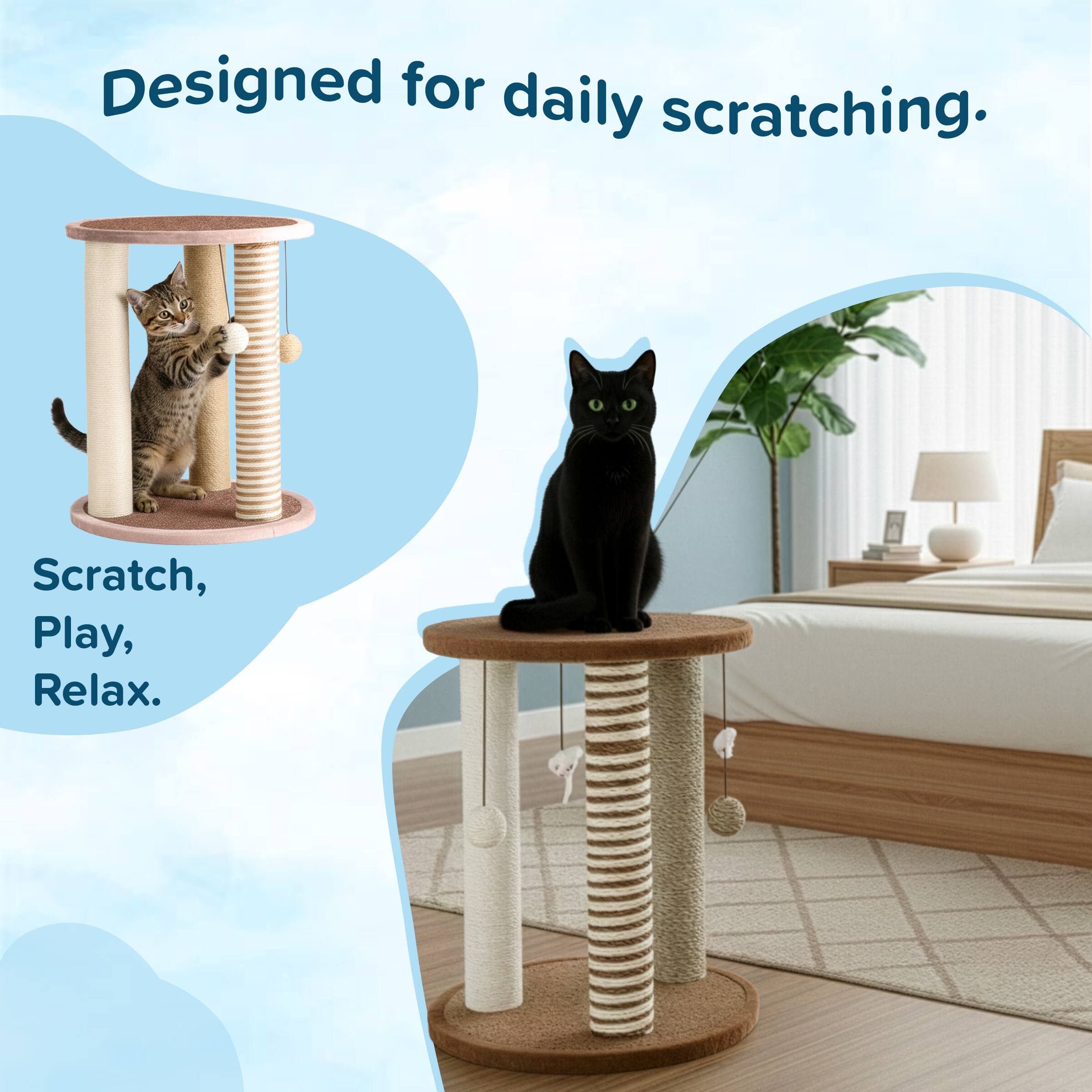 Designed for daily scratching.  
Scratch, Play, Relax.