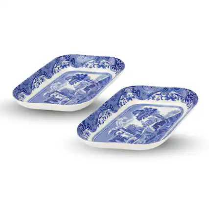 Front. Spode - Spode Blue Italian Pickle Dishes, Set of 2 - Countryside & Scroll Border - Blue and White.