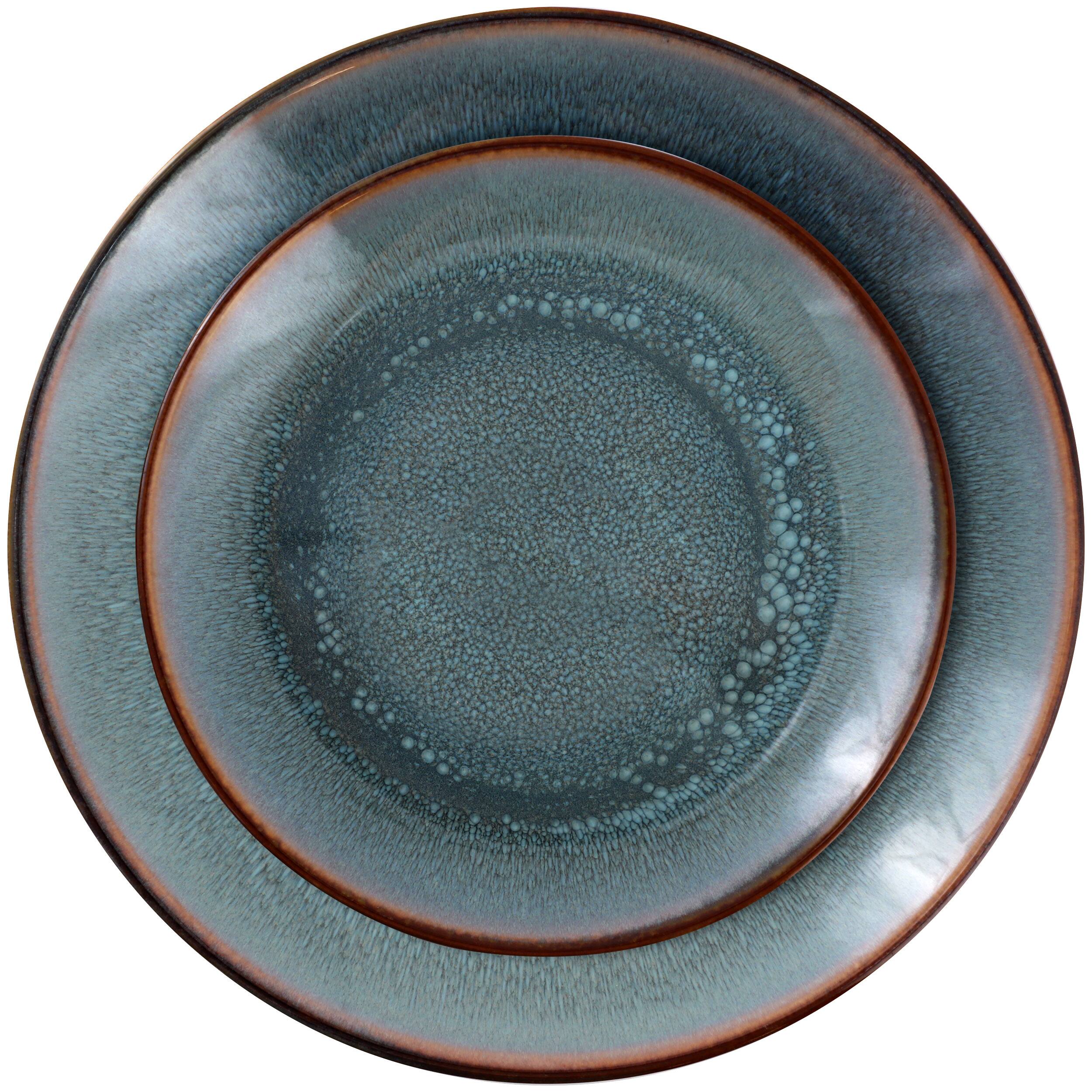 Left. Elama - Elama Betty 18 Piece Stoneware Dinnerware Set in Blue with Brown Rim, Service for 6 - Blue.