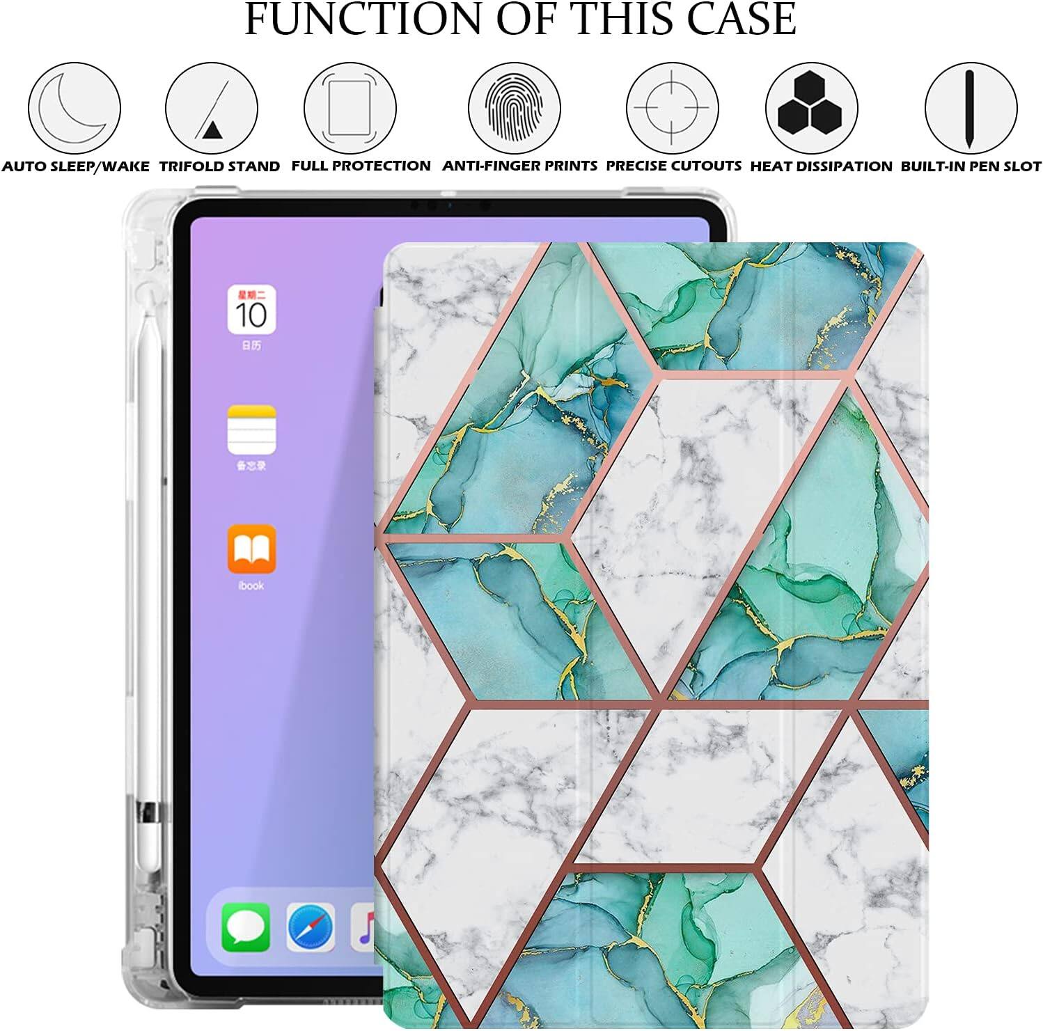 FUNCTION OF THIS CASE

AUTO SLEEP/WAKE TRIFOLD STAND FULL PROTECTION ANTI-FINGER PRINTS PRECISE CUTOUTS HEAT DISSIPATION BUILT-IN PEN SLOT