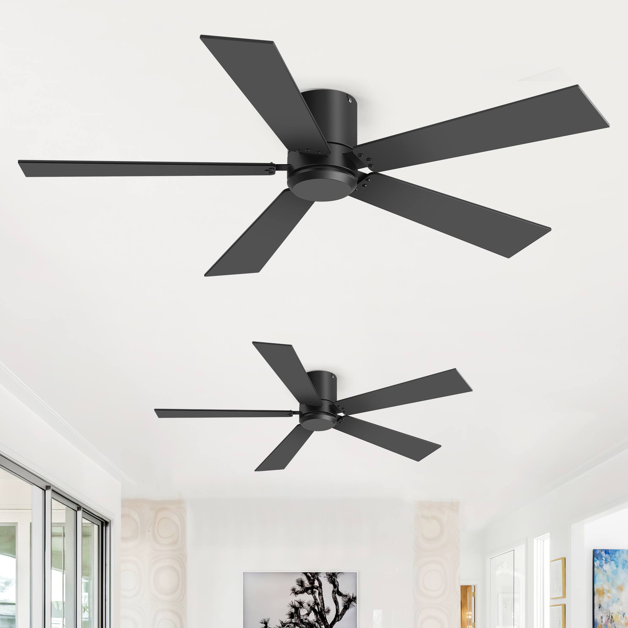 Back. Breezary - 42-Inch Flush Mount Ceiling Fan 2-Pack, Reversible Dual-Color Plywood Blades, Remote Control, DC Motor, No Light - Black (Two Pack).