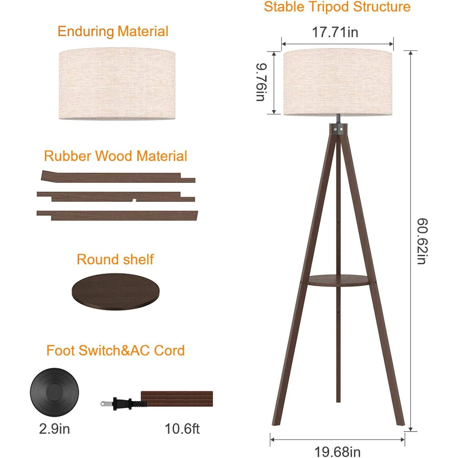 Enduring Material  
Stable Tripod Structure  
17.71in x 9.76in  
Rubber Wood Material  
Round shelf  
60.62in  
Foot Switch & AC Cord  
2.9in x 10.6ft  
19.68in