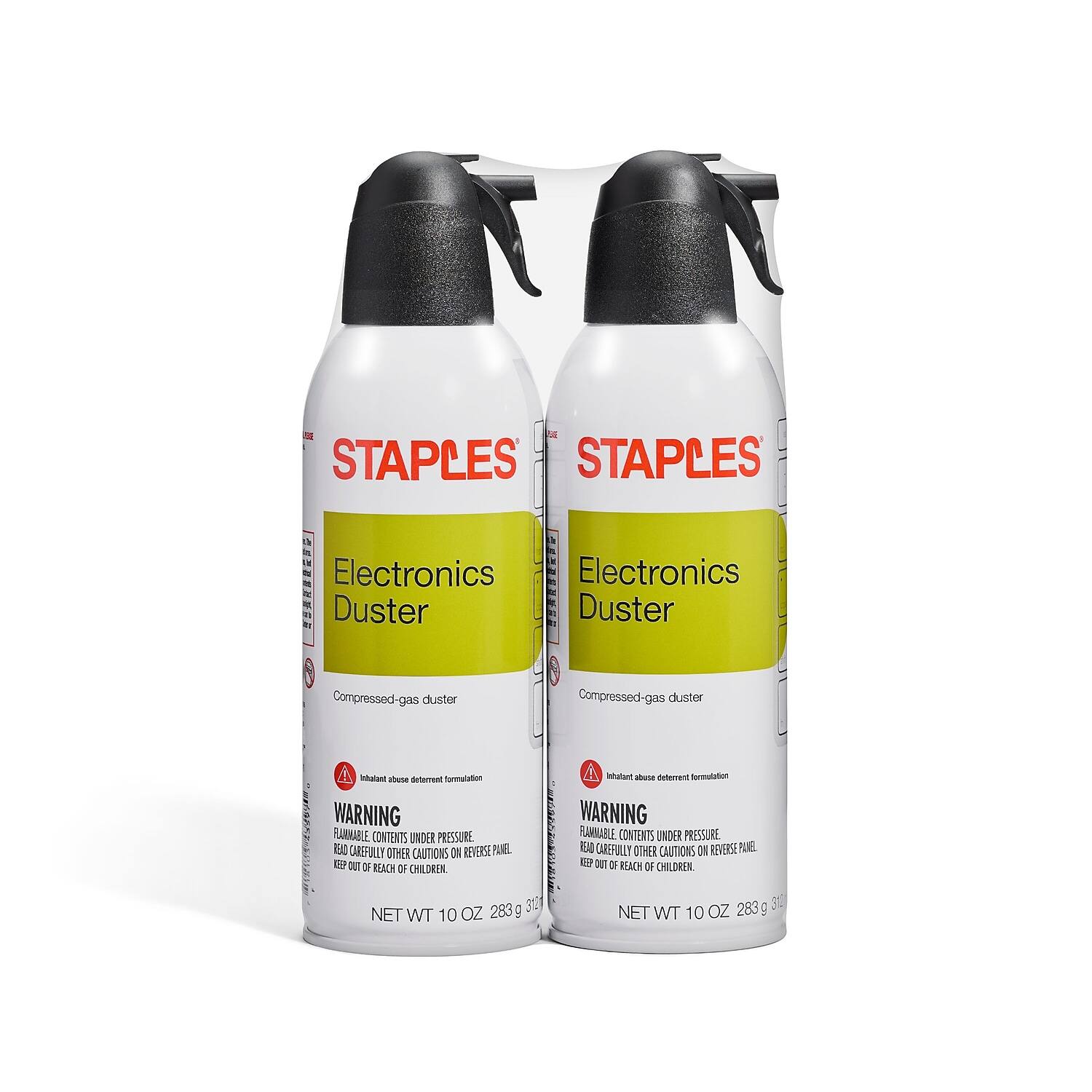STAPLES  
Electronics Duster  
Compressed-gas duster  

Inhalant abuse deterrent formulation  

WARNING  
FLAMMABLE CONTENTS UNDER PRESSURE.  
READ CAREFULLY OTHER CAUTIONS ON REVERSE PANEL.  
KEEP OUT OF REACH OF CHILDREN.  

NET WT 10 OZ 283 g 31 oz