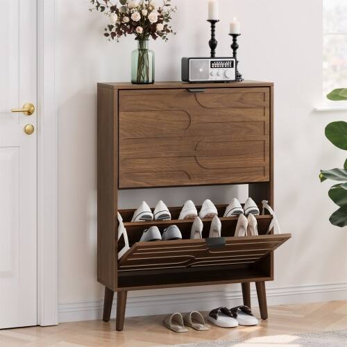Angle. LUCKY ONE - 23.62in Freestanding Walnut Shoe Cabinet with 2 Flip Drawers Fence Design for Entryway Corridor - Walnut.
