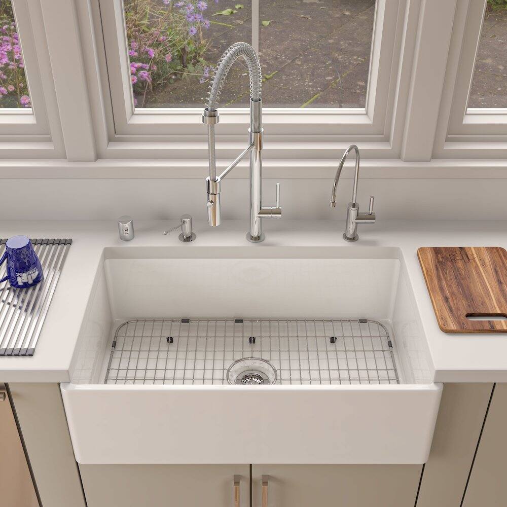 Back. Alfi - 33" White Smooth Apron Single Bowl Fireclay Farm Sink - White.