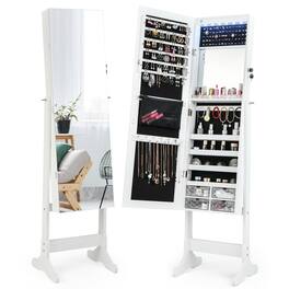 Costway - Jewelry Cabinet Armoire Full Length Frameless Mirror Lockable W/ Lights - White