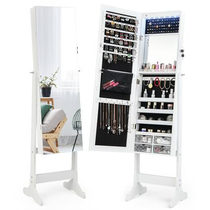 Front. Costway - Costway Jewelry Cabinet Armoire Full Length Frameless Mirror Lockable W/ Lights - White.
