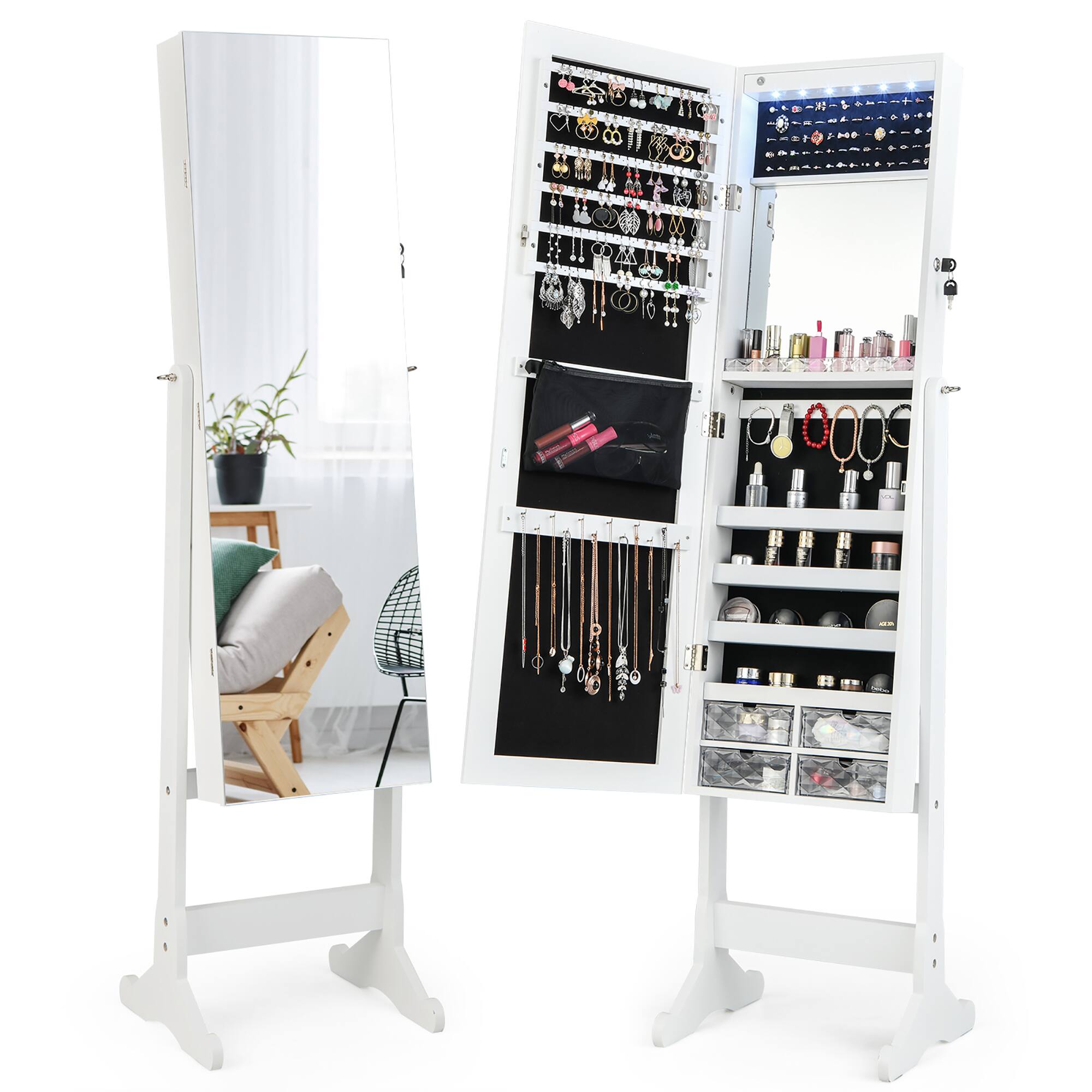 Front. Costway - Costway Jewelry Cabinet Armoire Full Length Frameless Mirror Lockable W/ Lights - White.