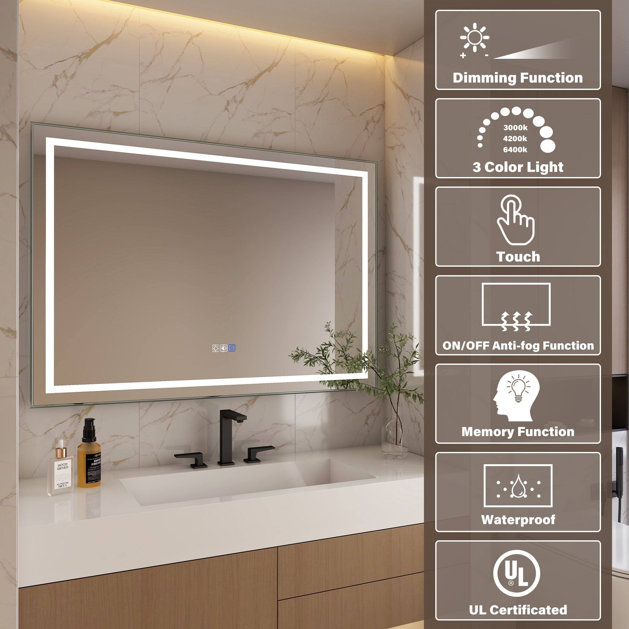 Dimming Function, 3 Color Light, Touch, ON/OFF Anti-fog Function, Memory Function, Waterproof, UL Certificated